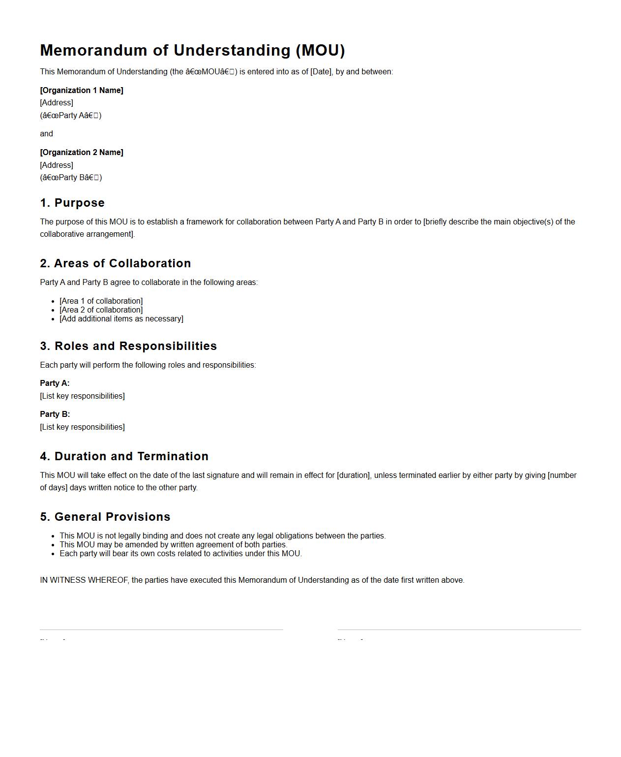 Standard MOU Sample for Collaborative Arrangements