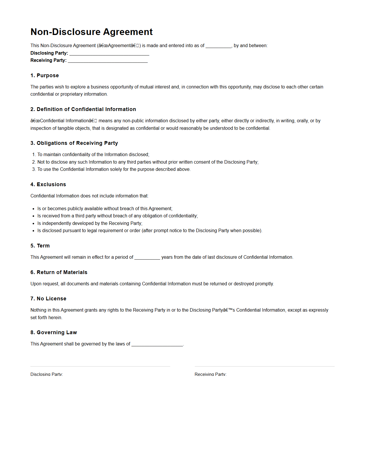 Standard NDA Format for Business Discussions