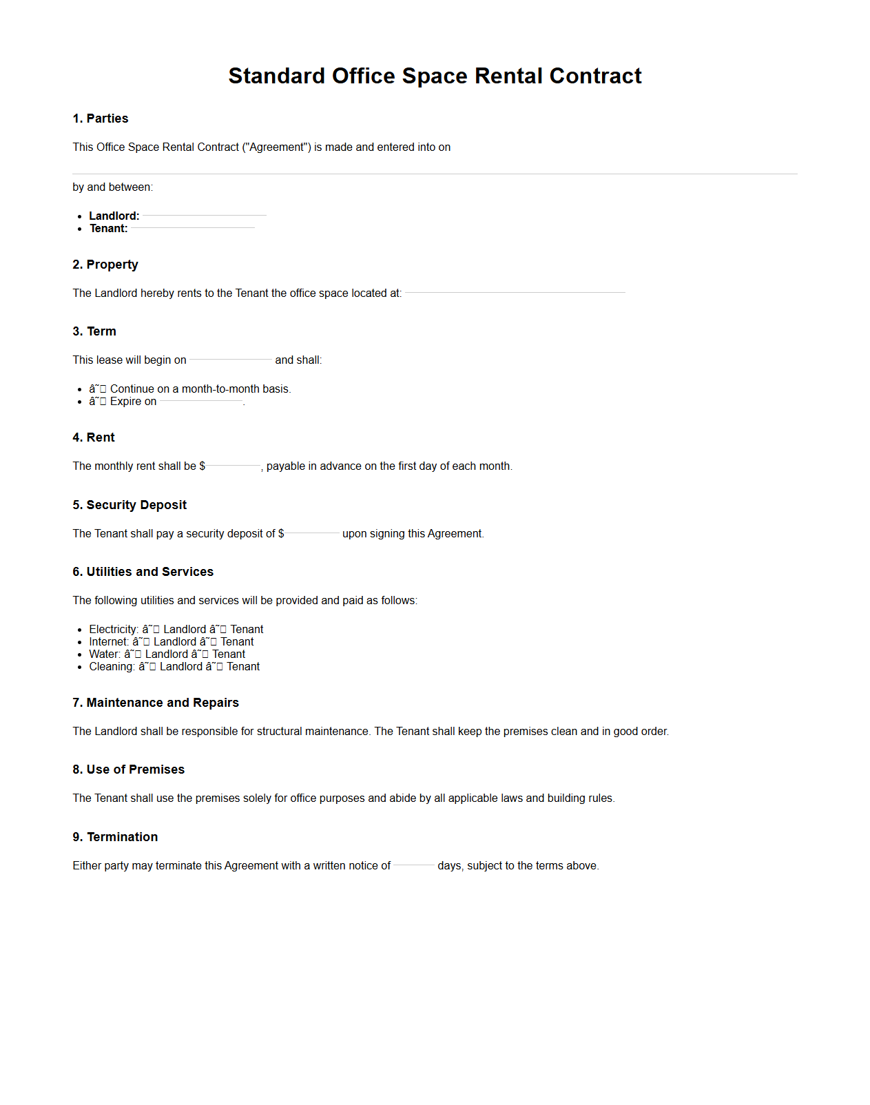 Standard Office Space Rental Contract