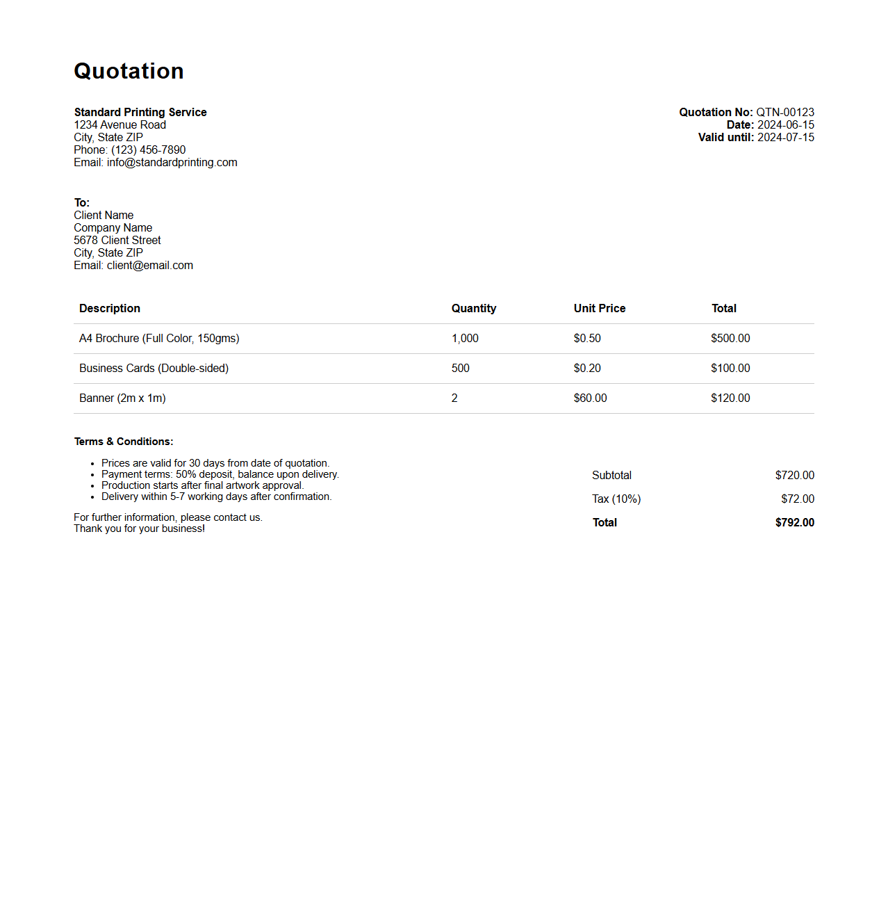 Standard Printing Service Quotation Layout