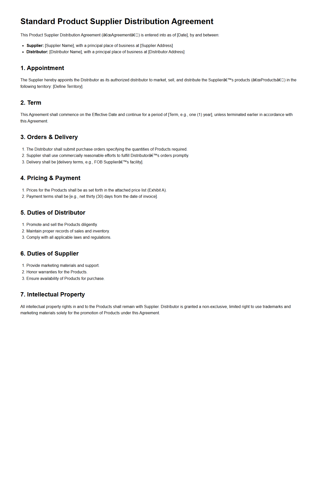Standard Product Supplier Distribution Agreement Template