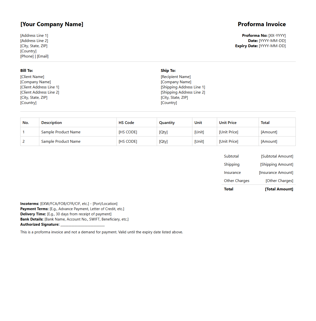Standard Proforma Invoice Document for Global Commerce