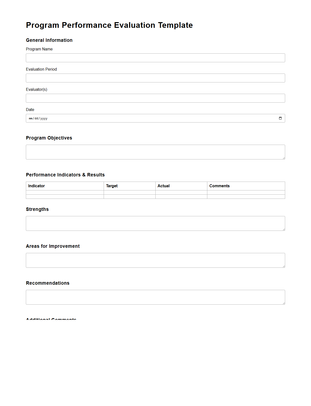 Standard Program Performance Evaluation Template