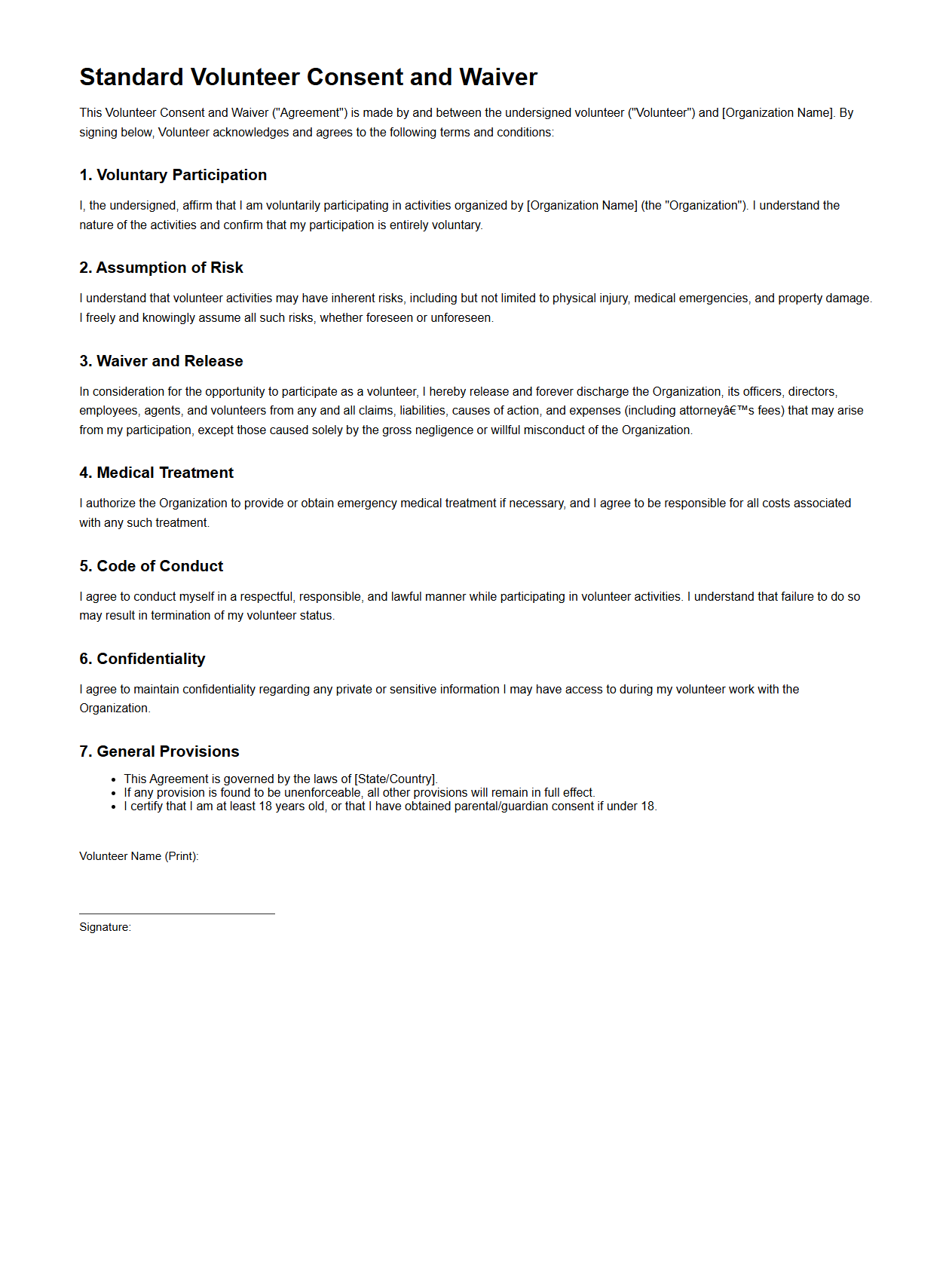 Standard Volunteer Consent and Waiver Document