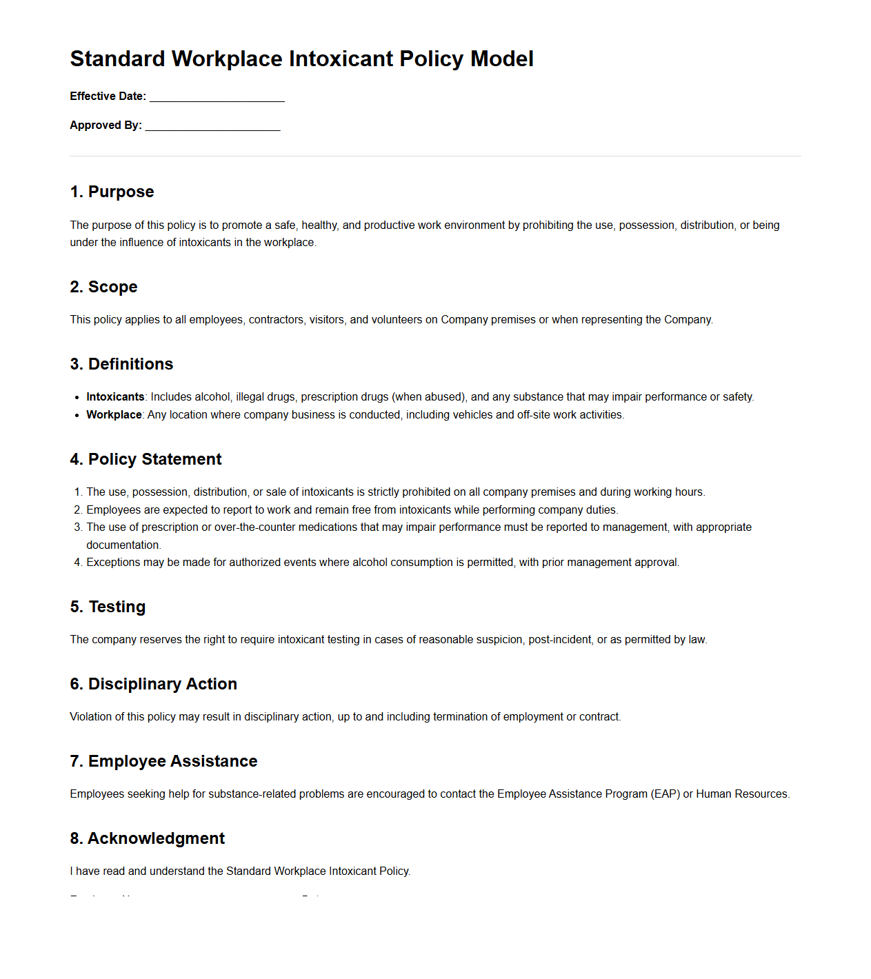 Standard Workplace Intoxicant Policy Model