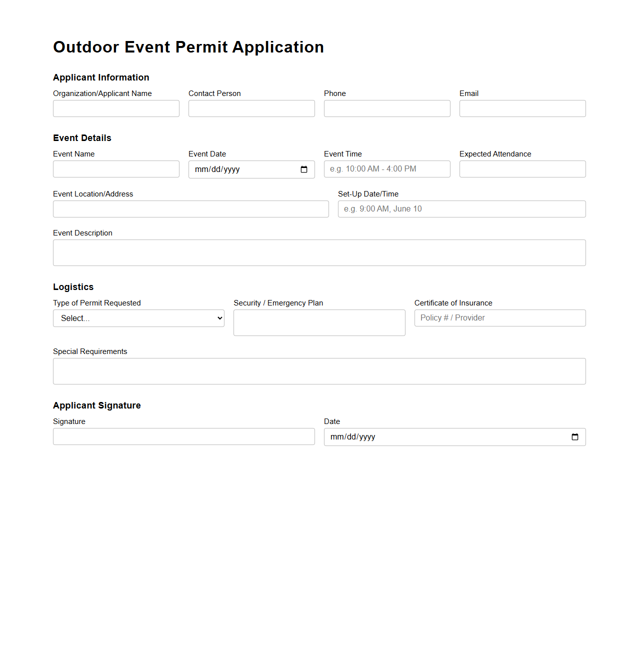 Standardized Outdoor Event Permit Application Layout