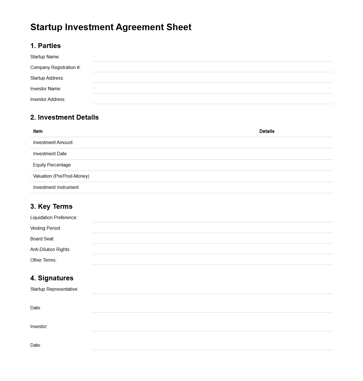 Startup Investment Agreement Sheet