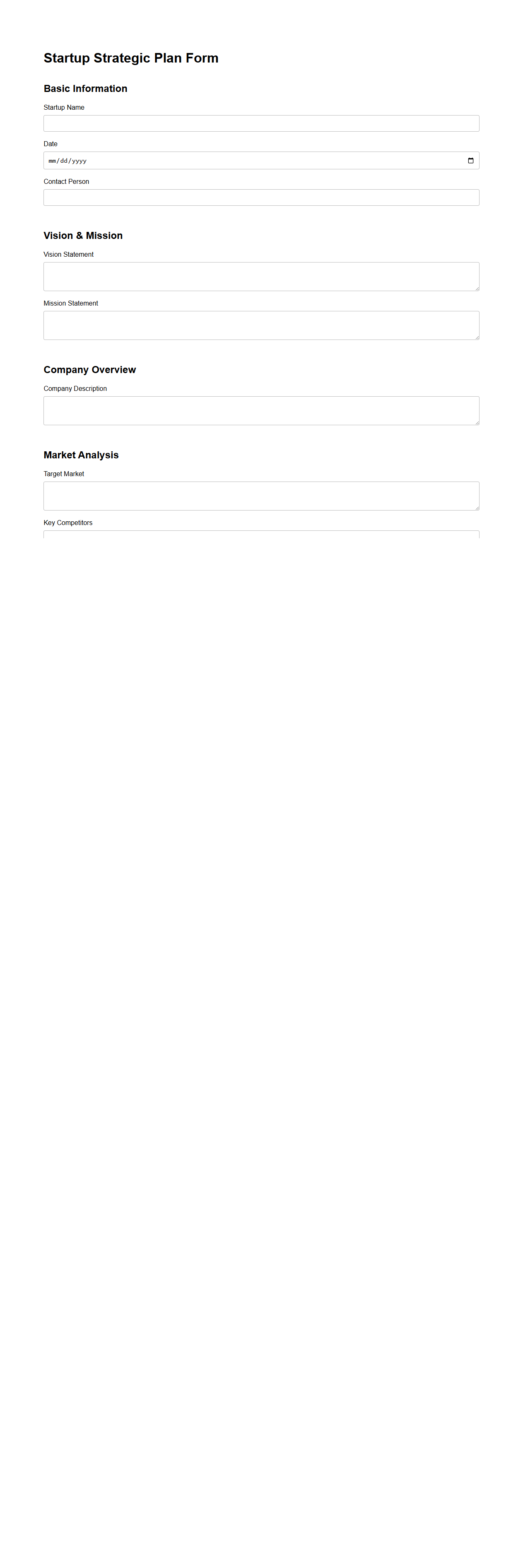 Startup Strategic Plan Form Template