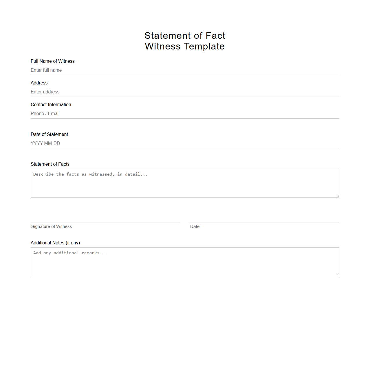 Statement of Fact Template for Witnesses