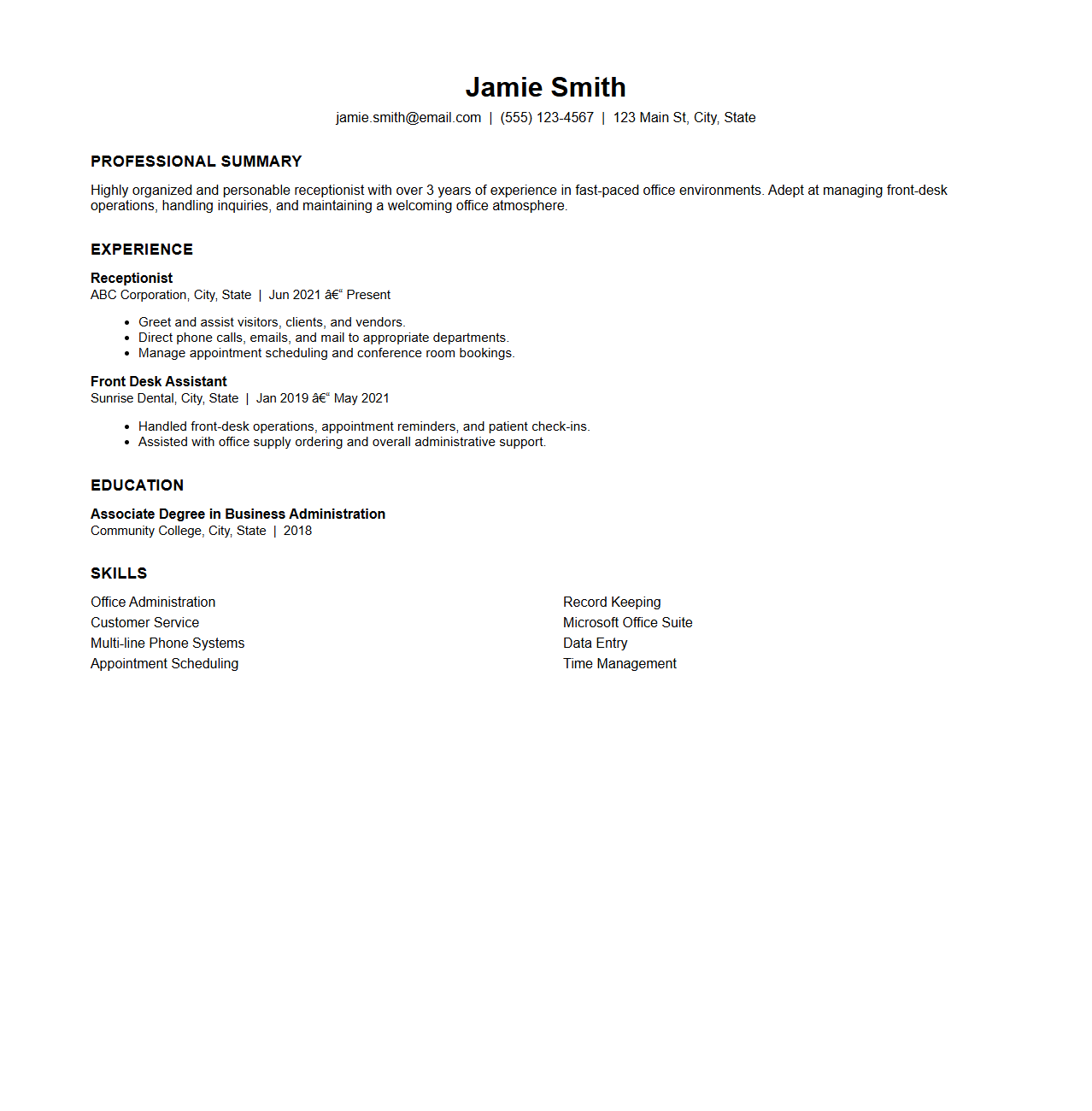 Straightforward Receptionist Resume Design