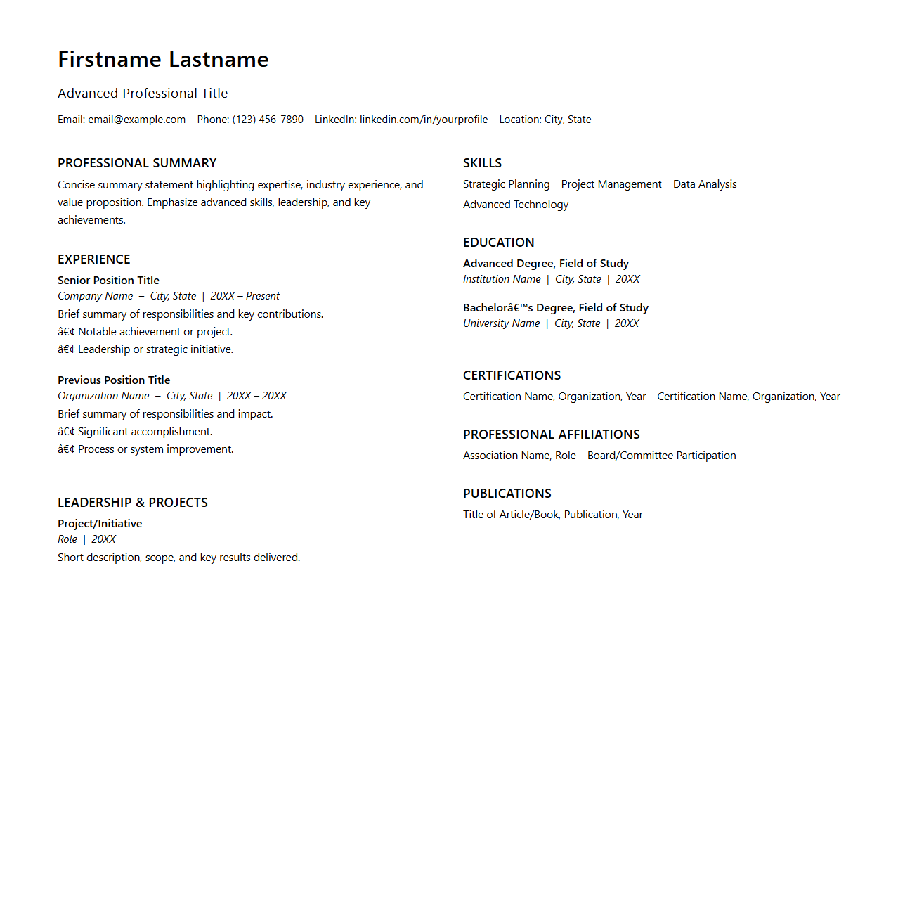 Streamlined Two-Column Resume for Advanced Careers