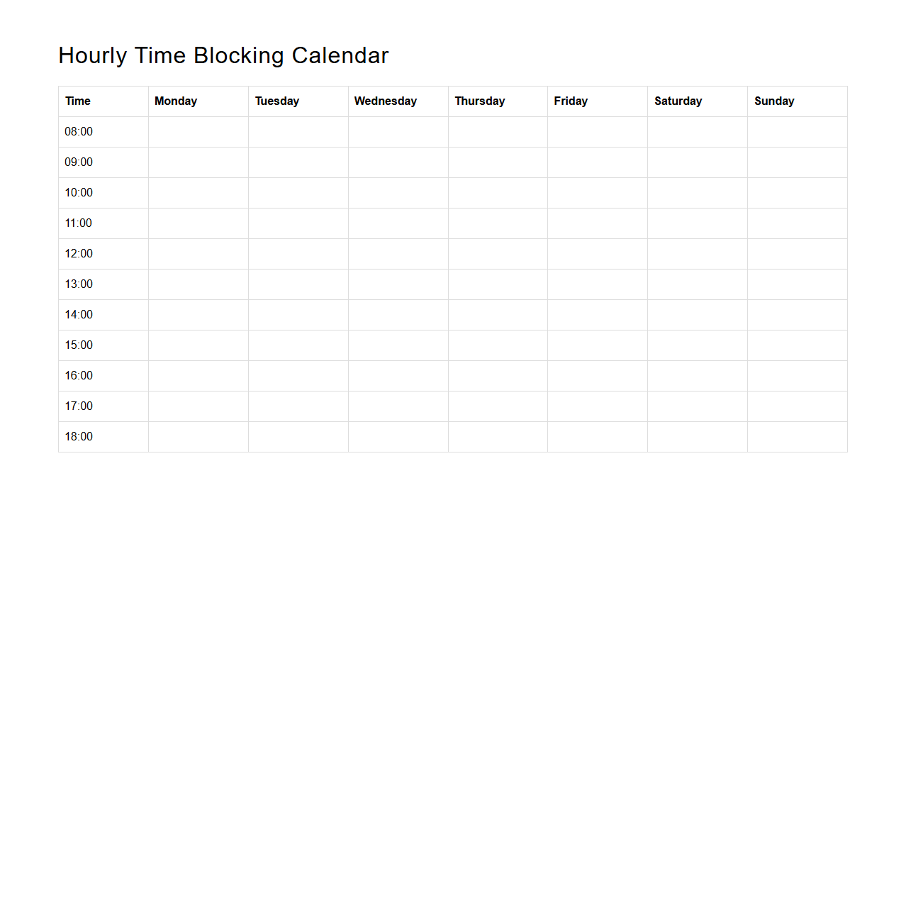 Structured Hourly Time Blocking Calendar