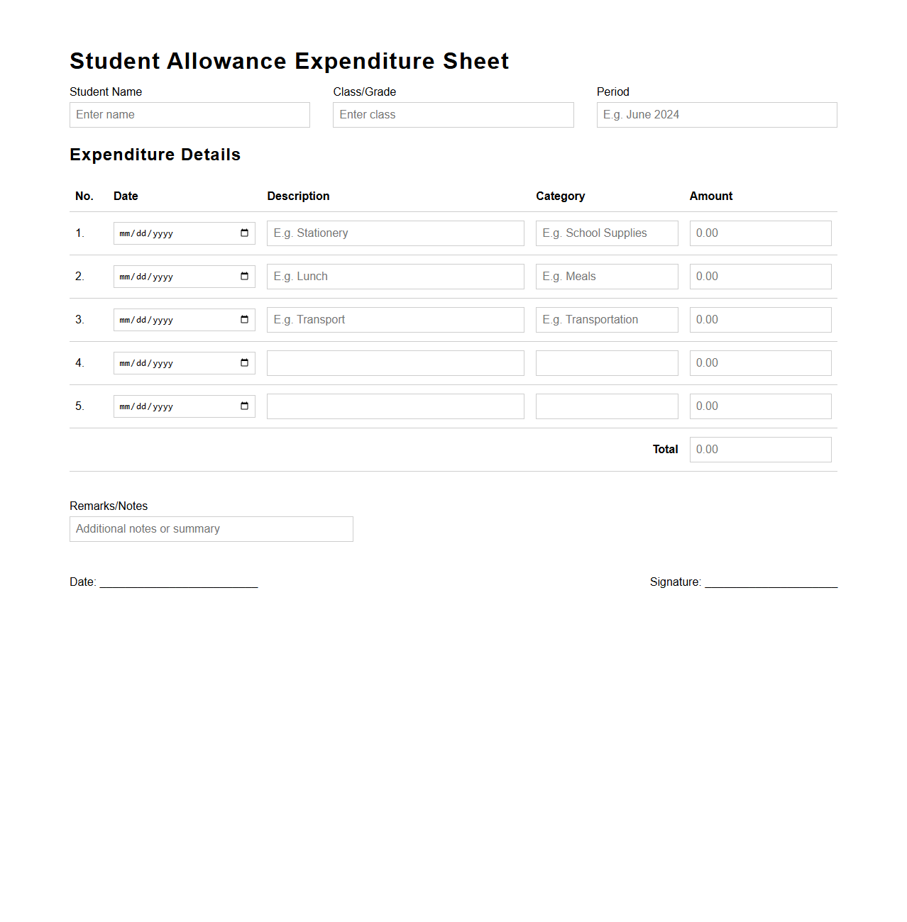 Student Allowance Expenditure Sheet