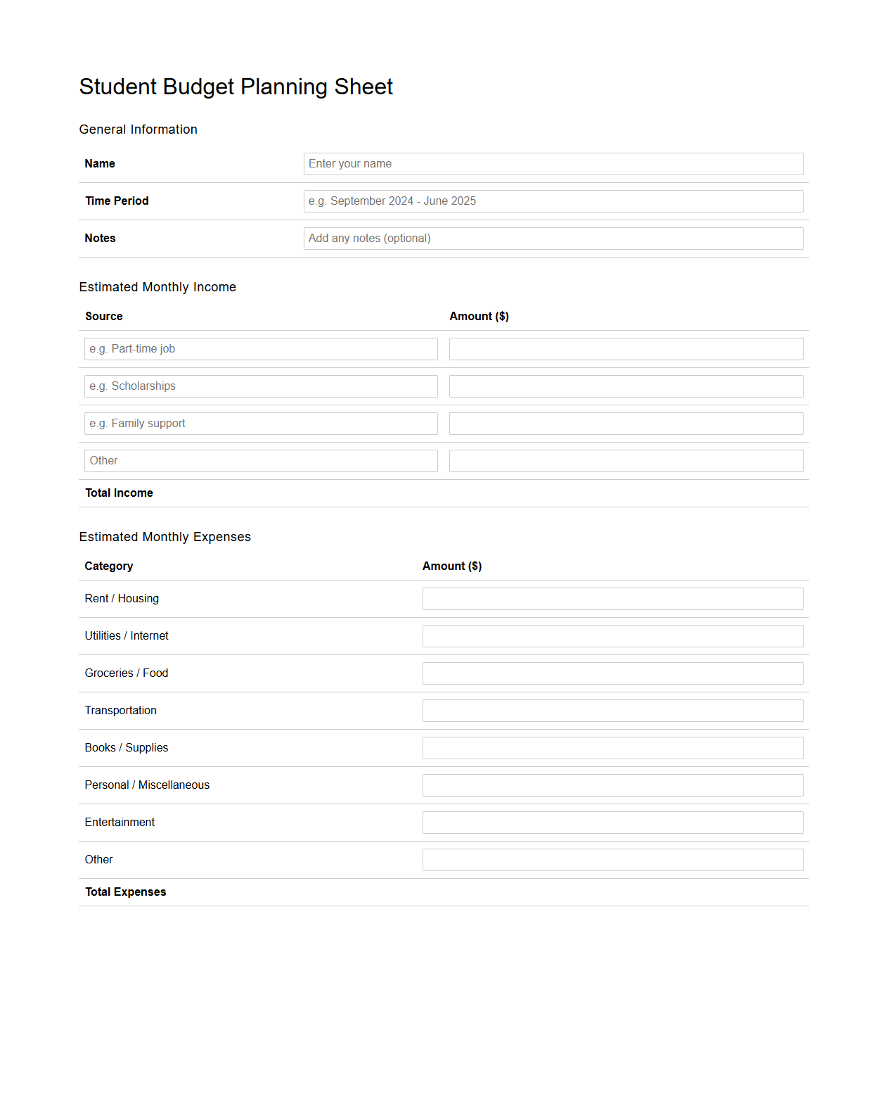 Student Budget Planning Sheet Template