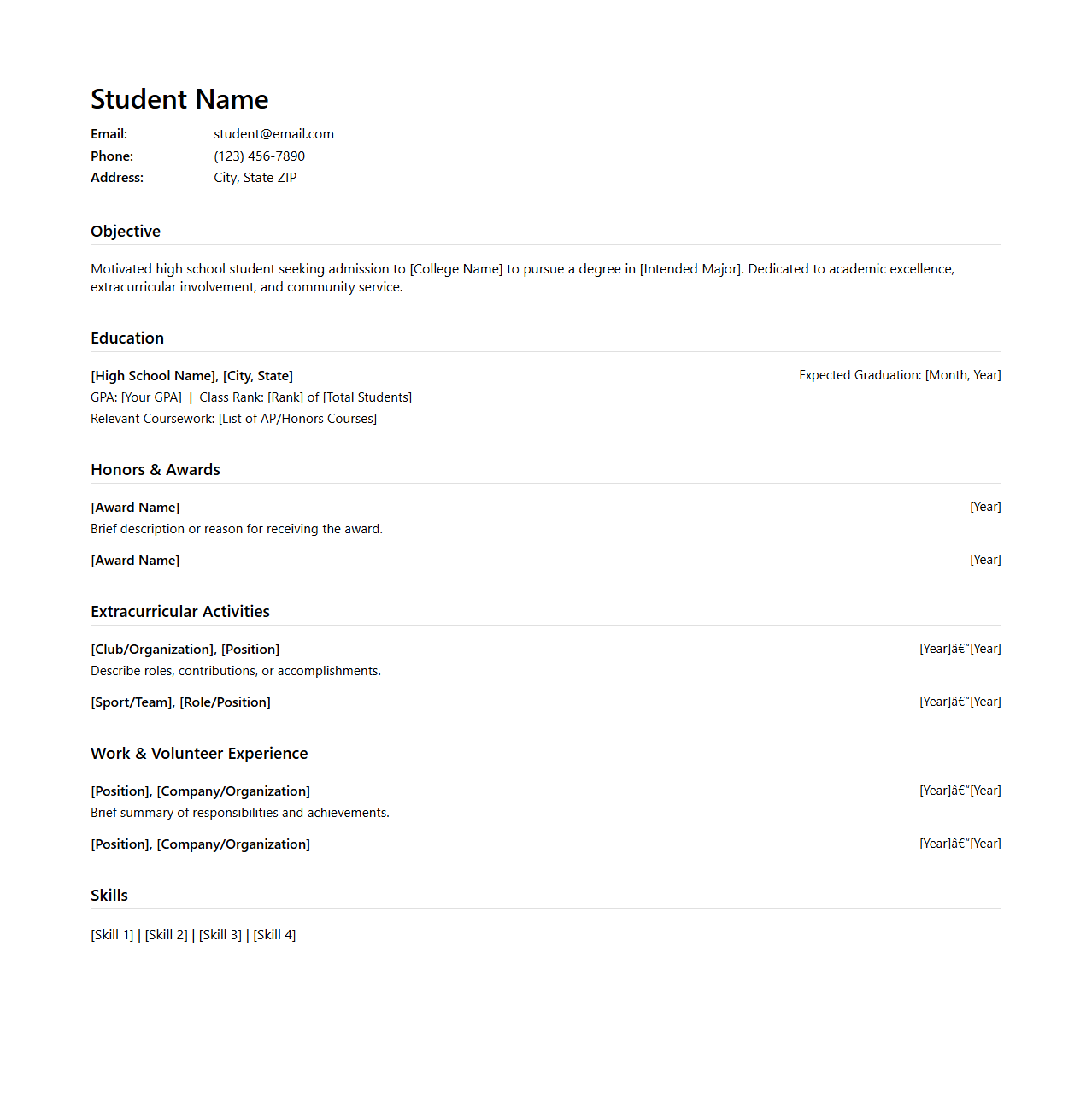 Student CV Template for College Applications