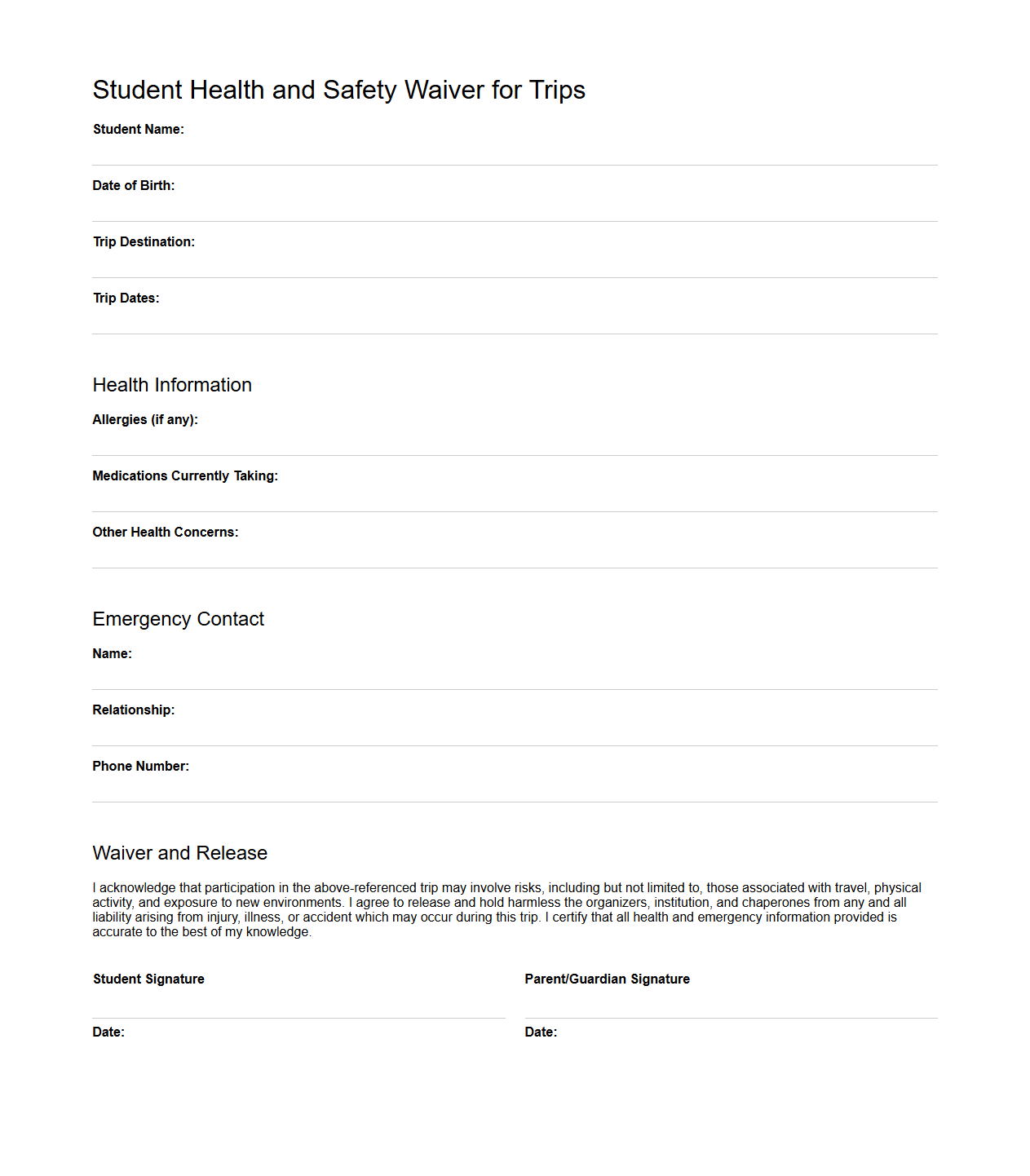 Student Heath and Safety Waiver for Trips