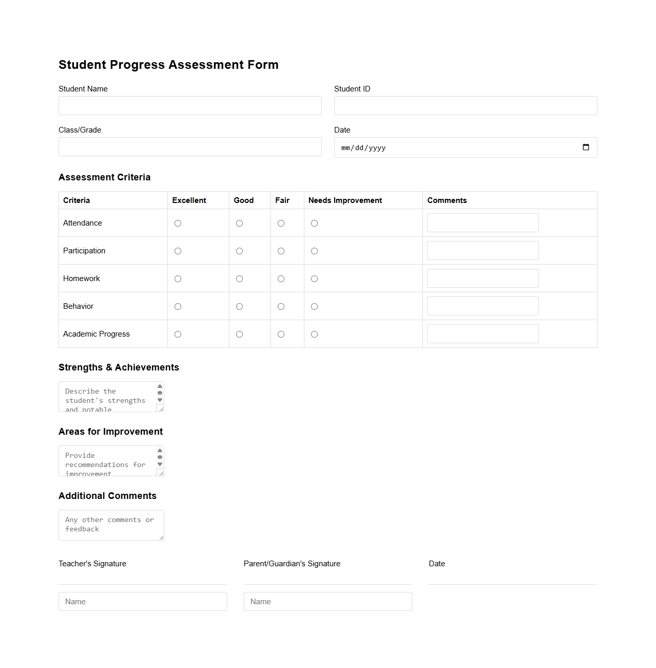 Student Progress Assessment Form Template