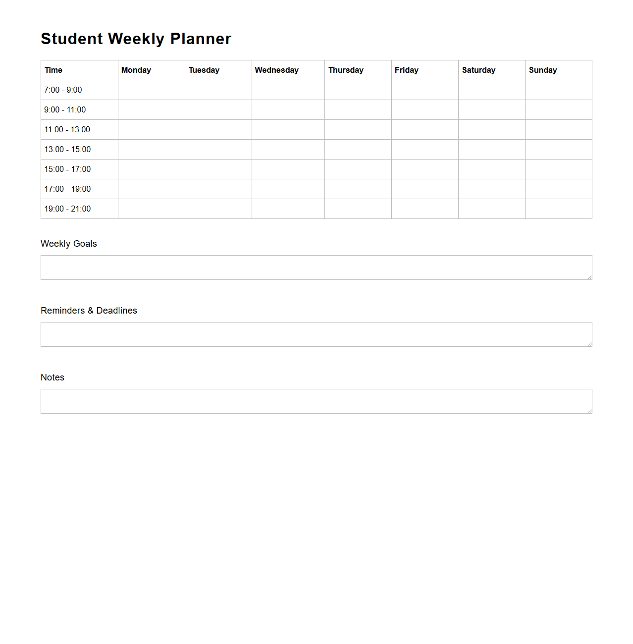 Student Weekly Planner Template for Time Management