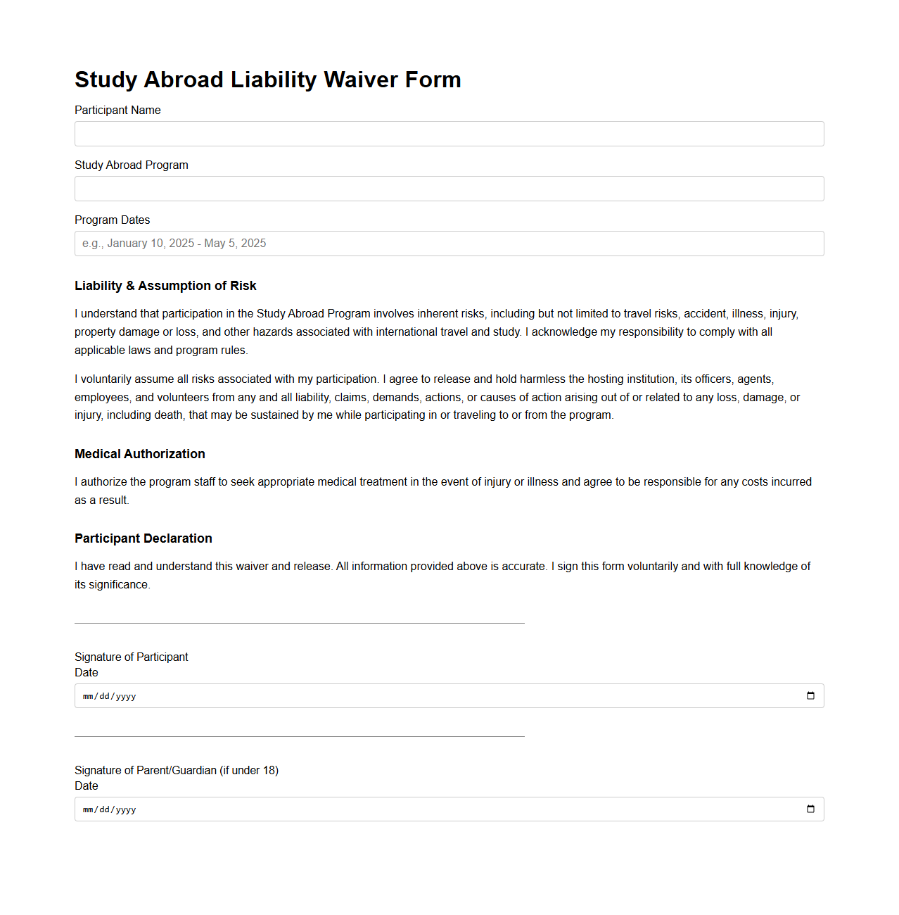 Study Abroad Liability Waiver Form