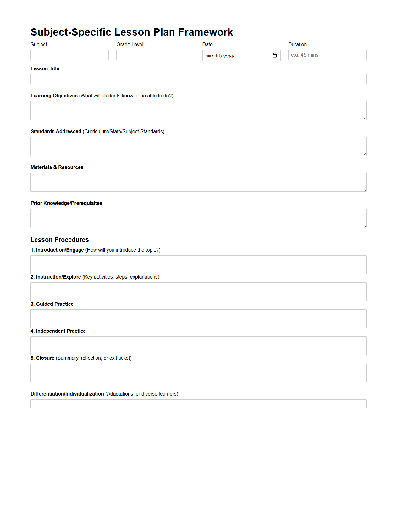 Subject-Specific Lesson Plan Framework