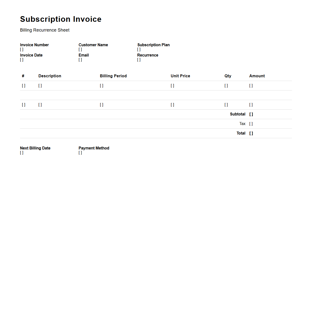 Subscription Billing Recurrence Invoice Sheet