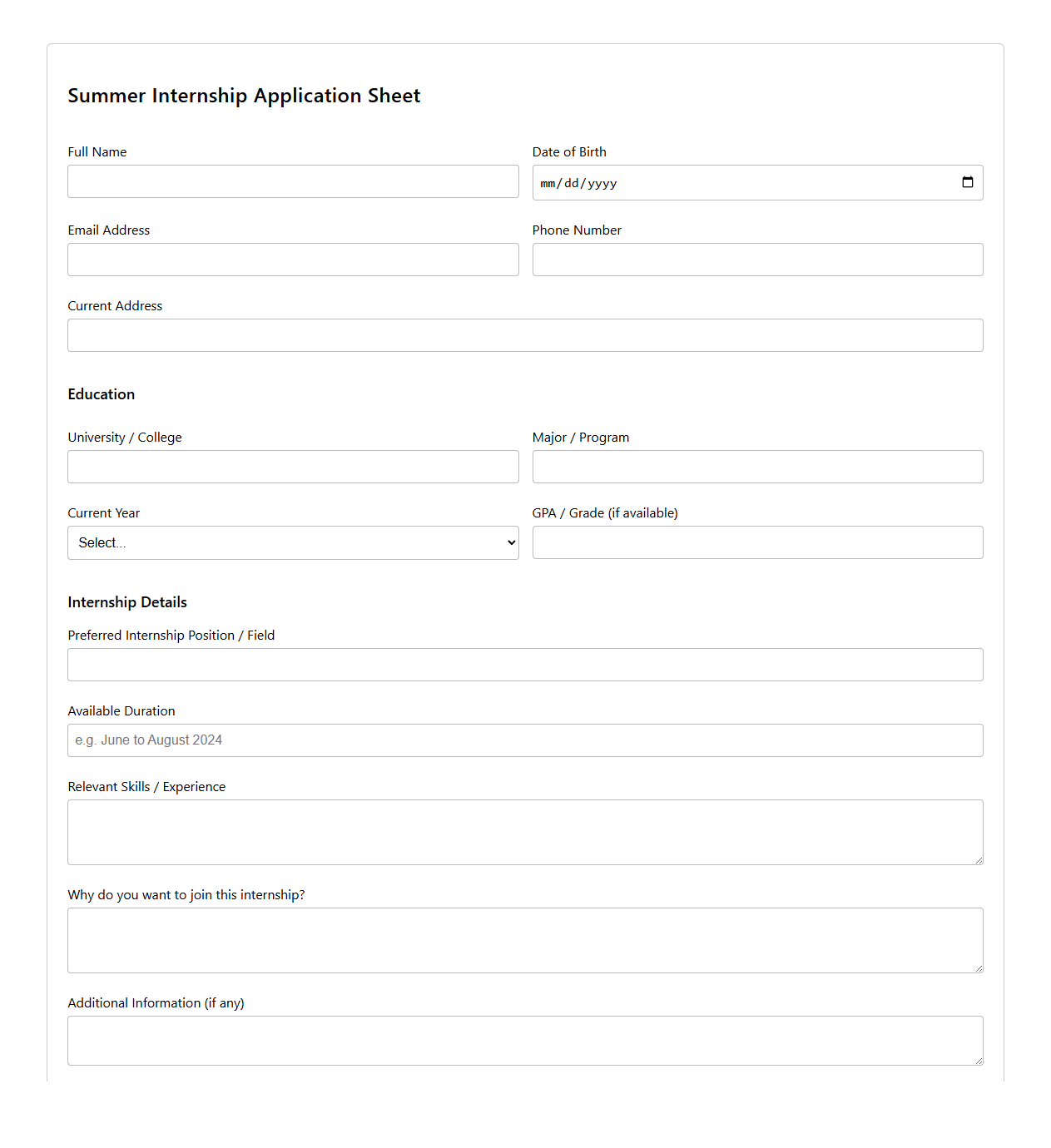 Summer Internship Application Sheet for Students
