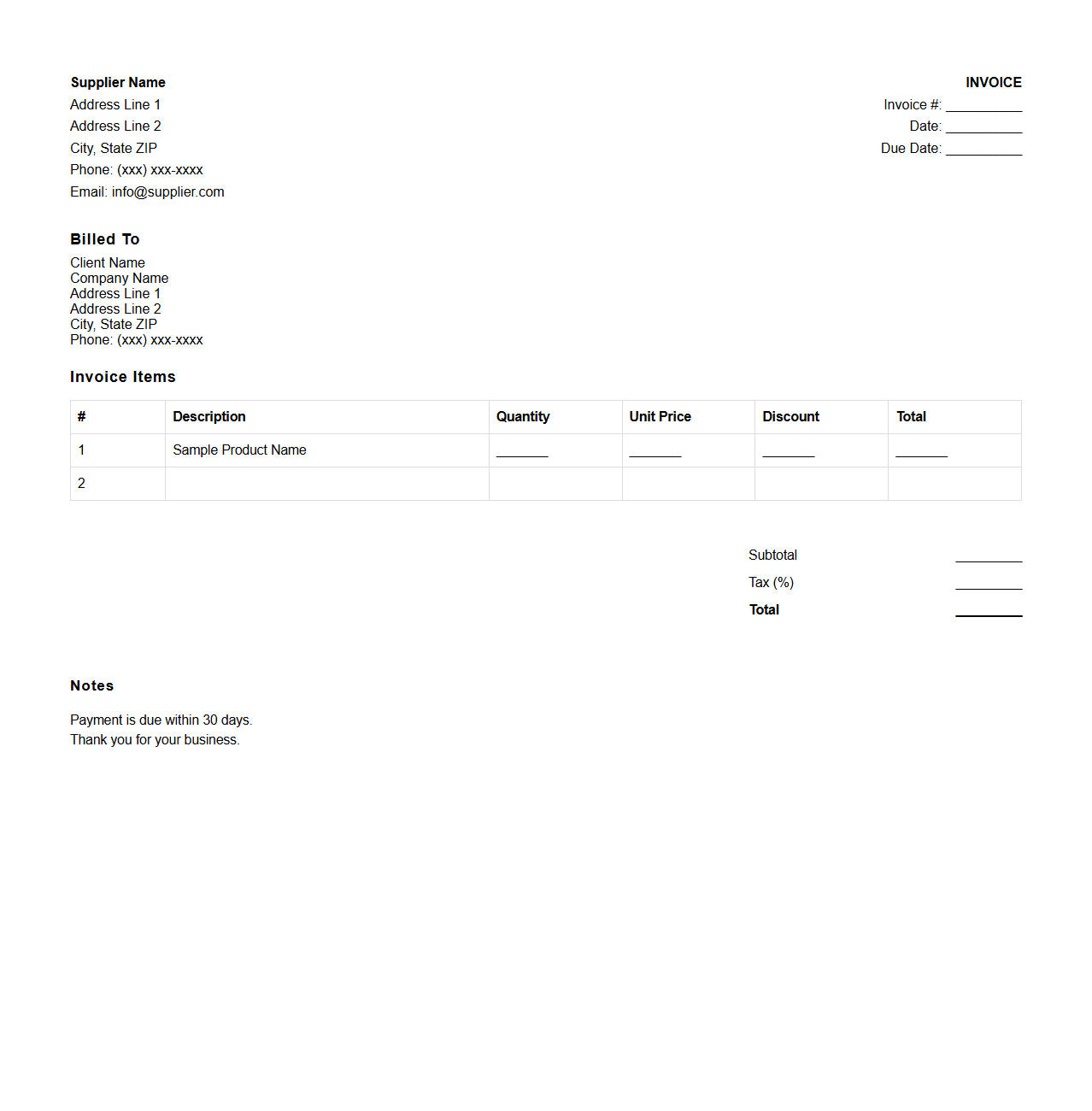 Supplier Wholesale Billing Invoice Template