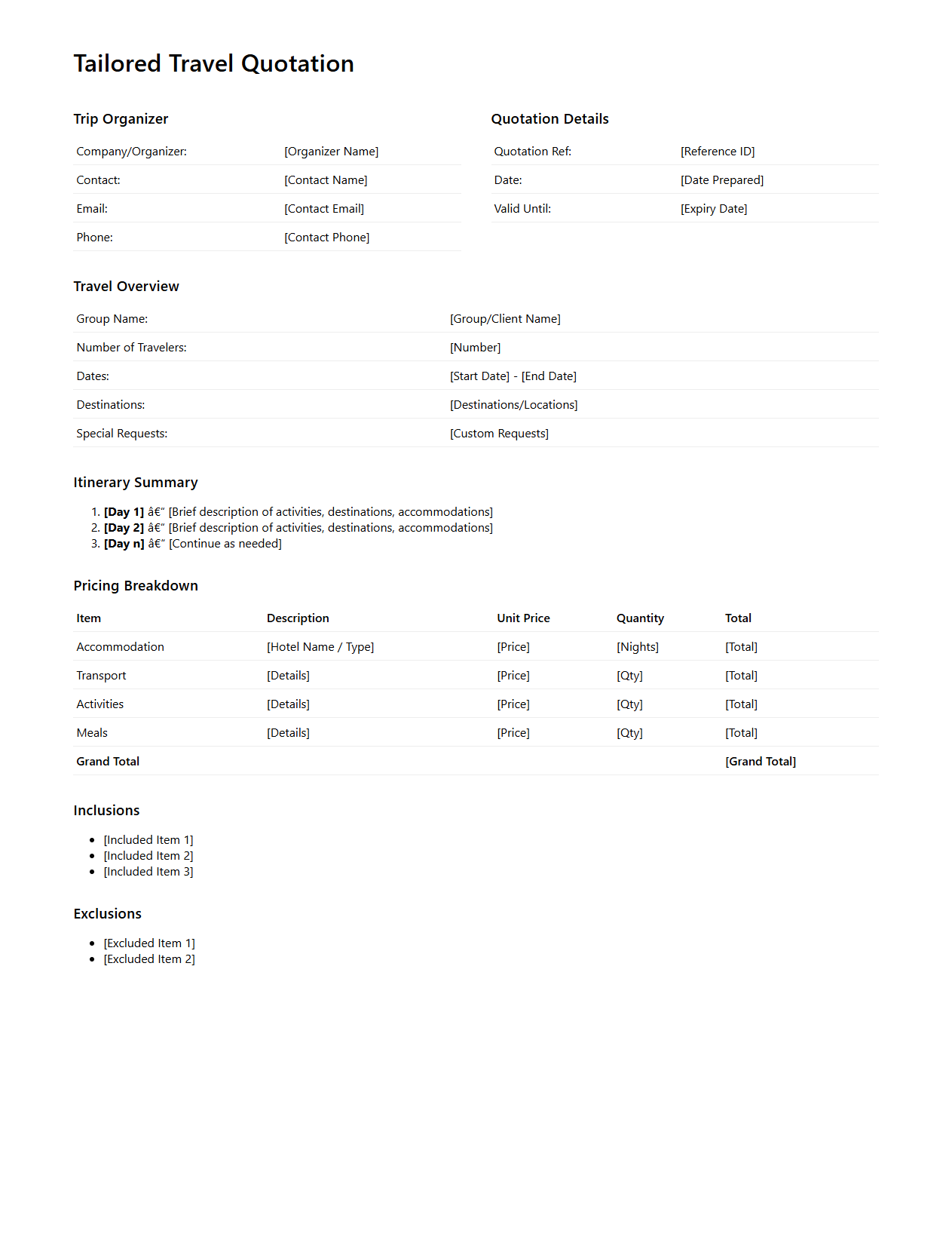 Tailored Travel Quotation Layout for Trip Organizers