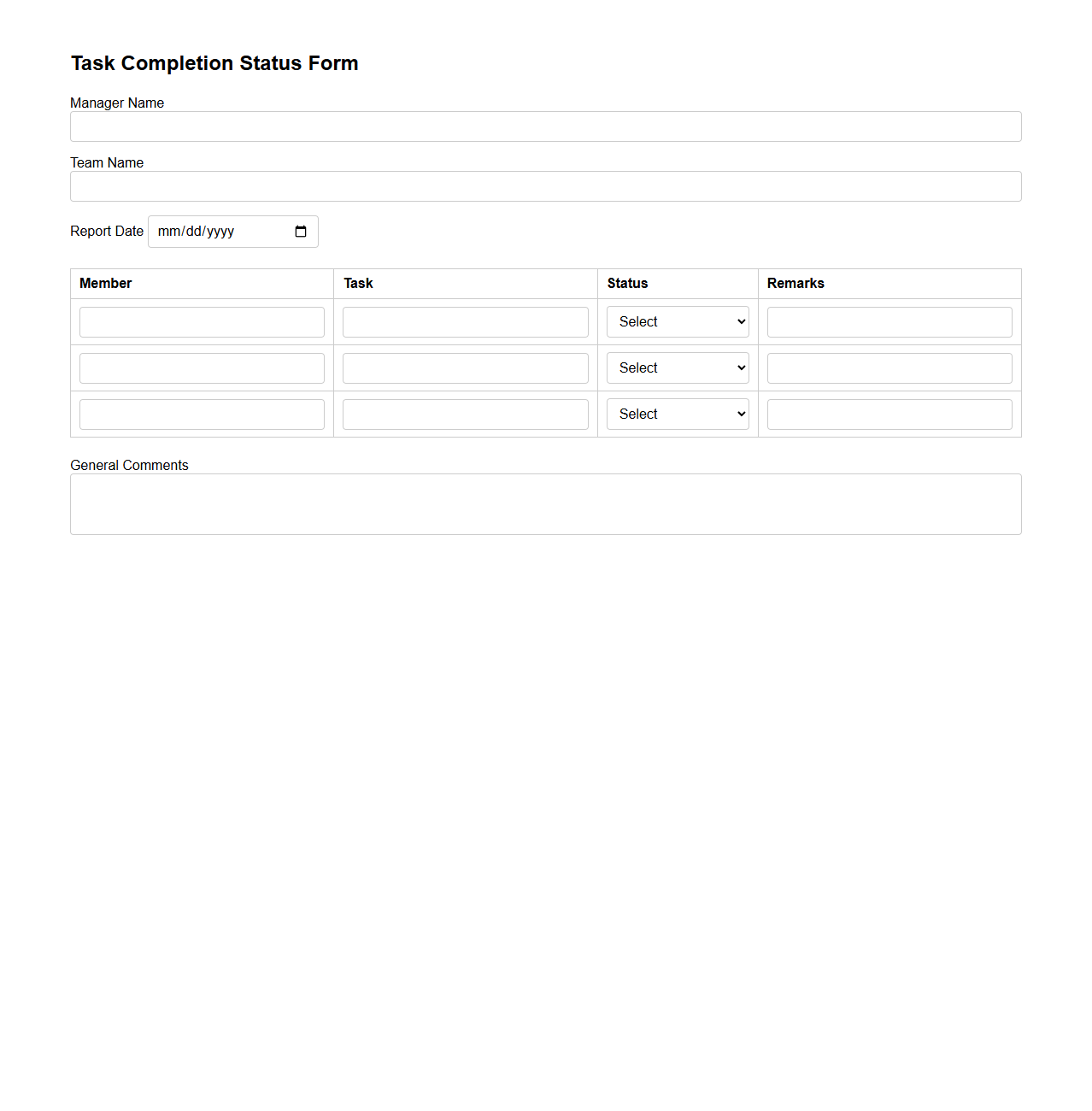 Task Completion Status Form for Team Managers