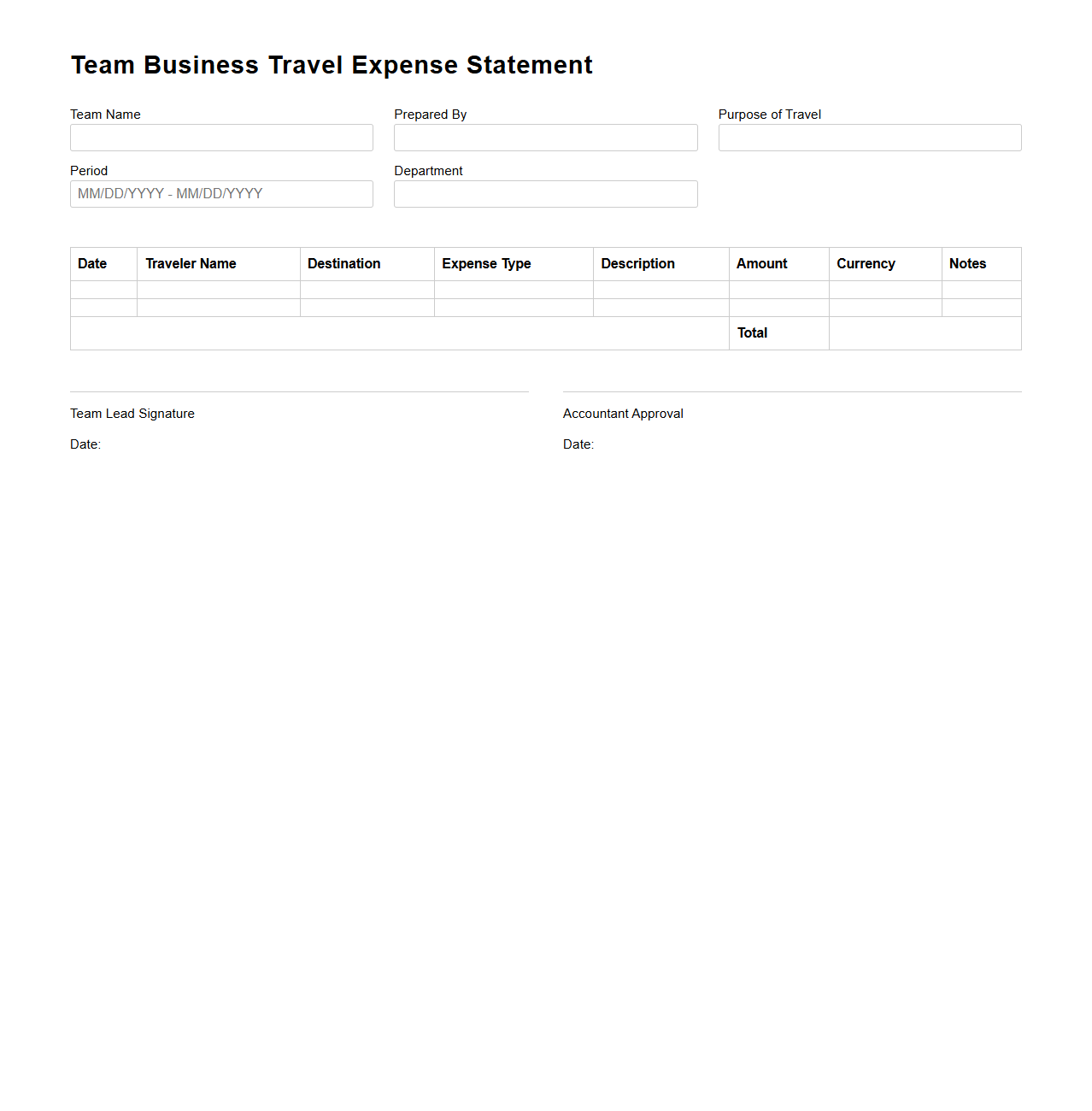 Team Business Travel Expense Statement Template