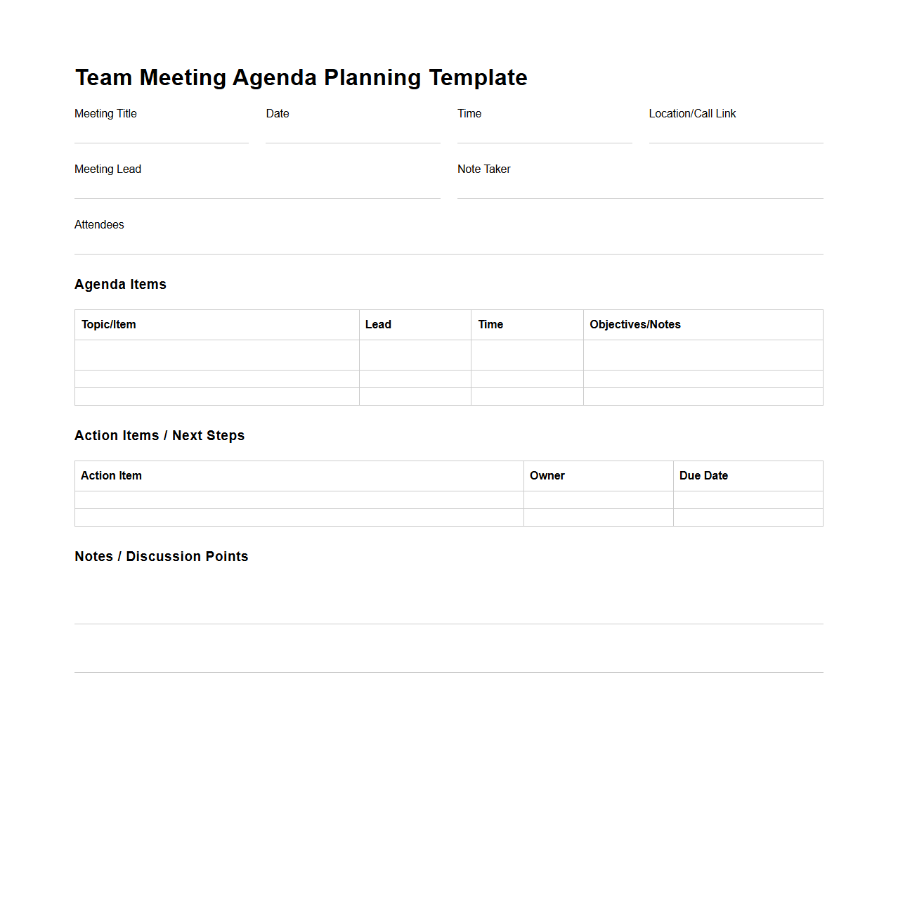 Team Meeting Agenda Planning Template