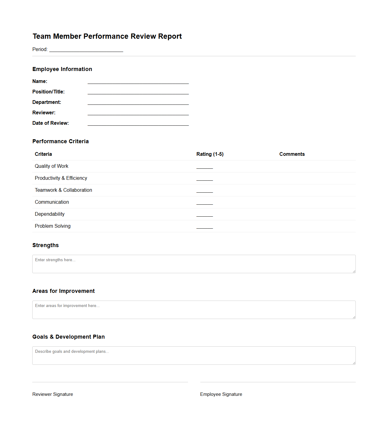 Team Member Performance Review Report Template