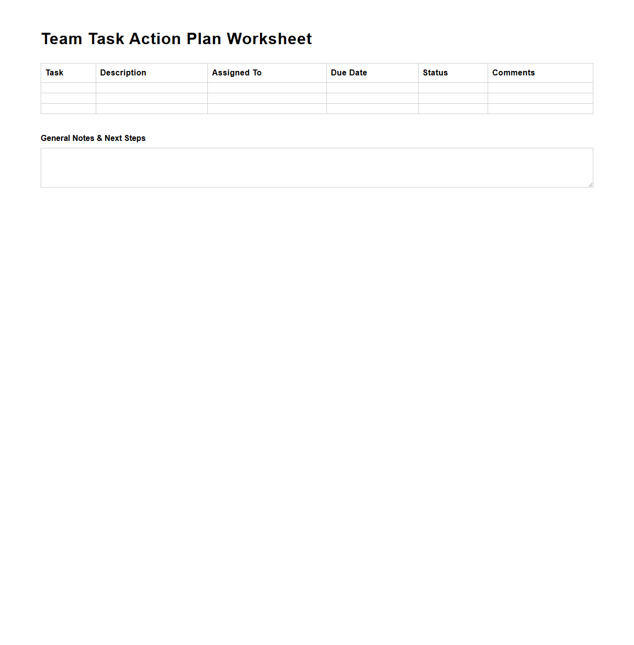 Team Task Action Plan Worksheet