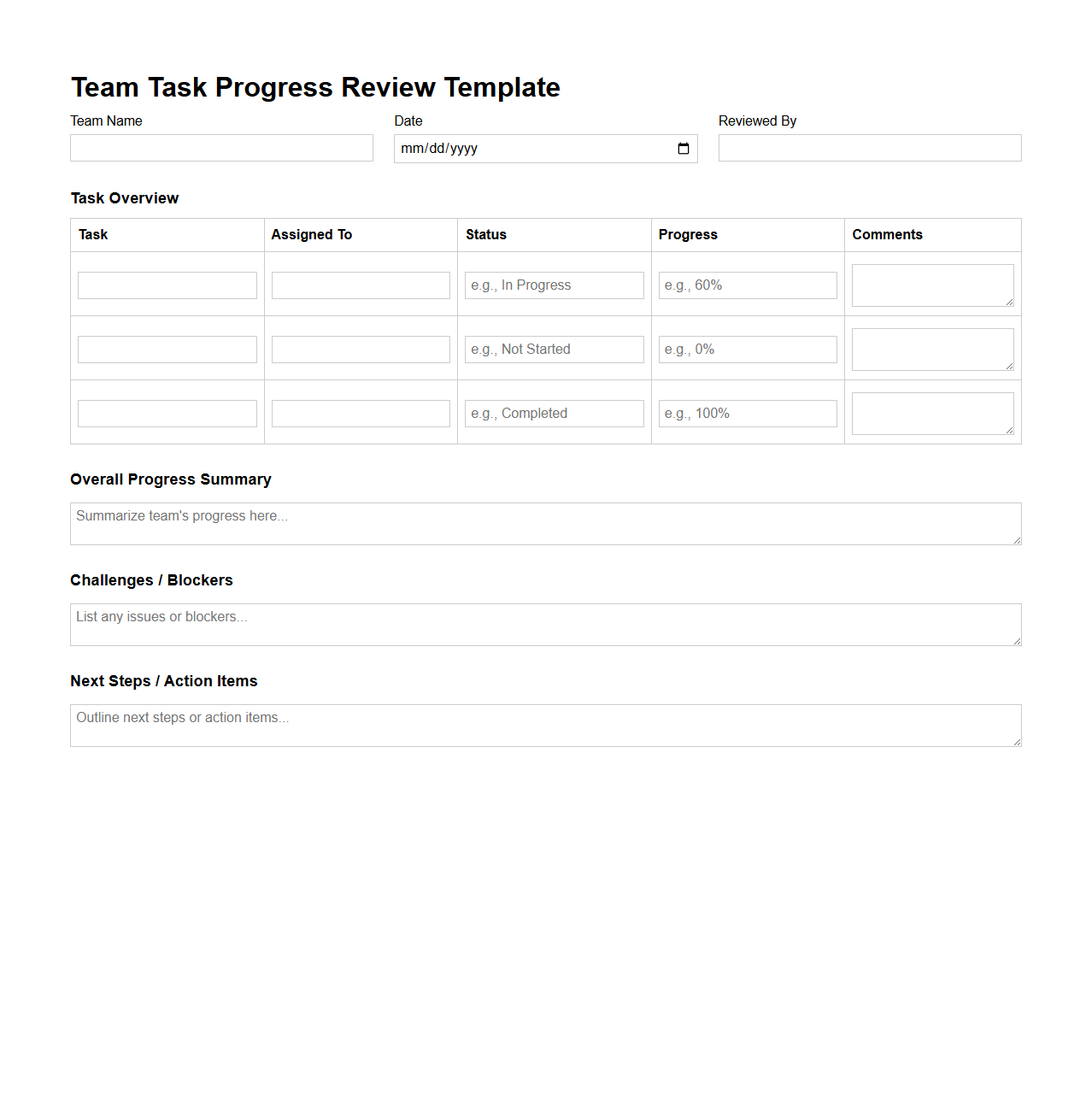 Team Task Progress Review Template