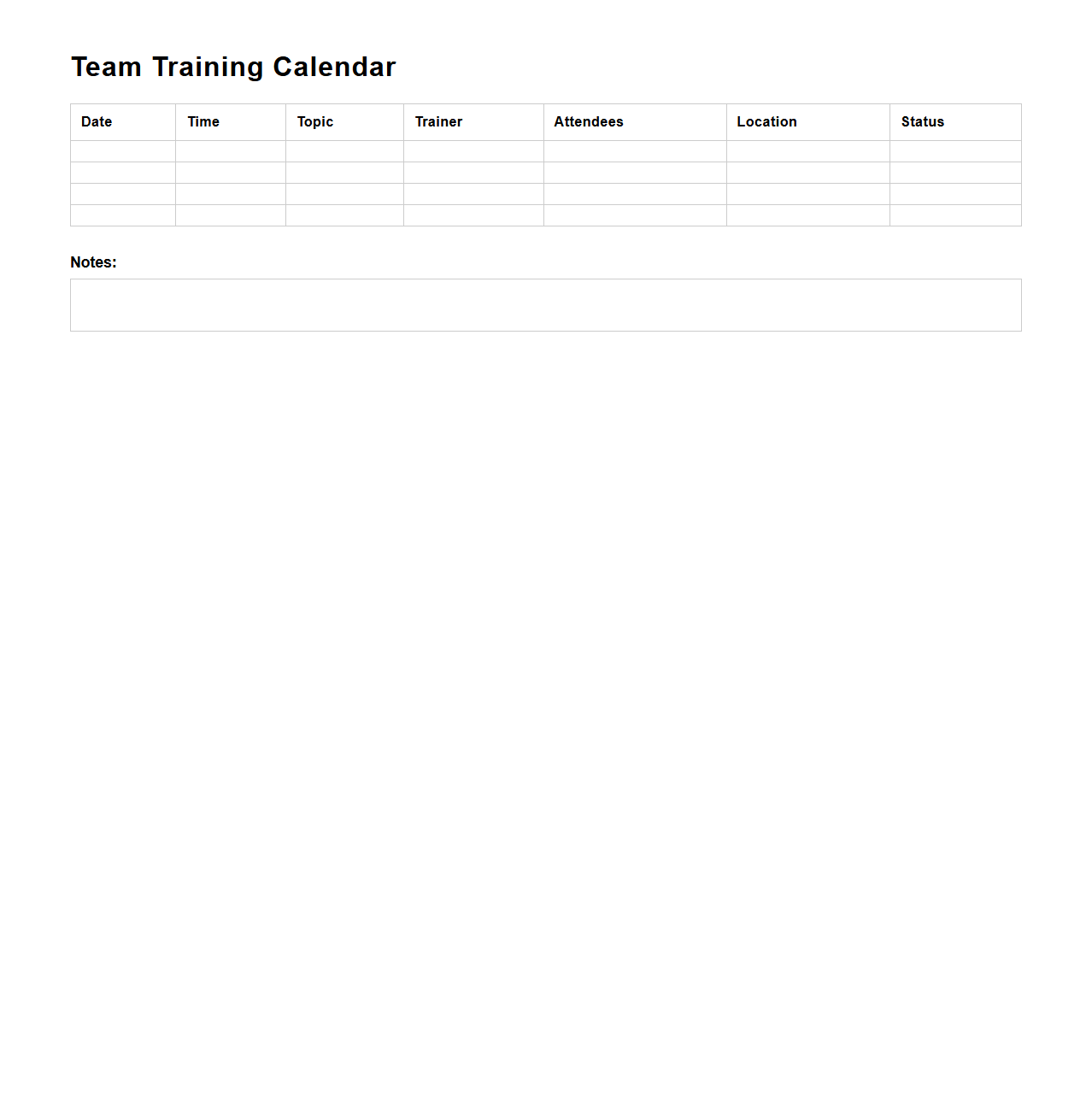 Team Training Calendar Template