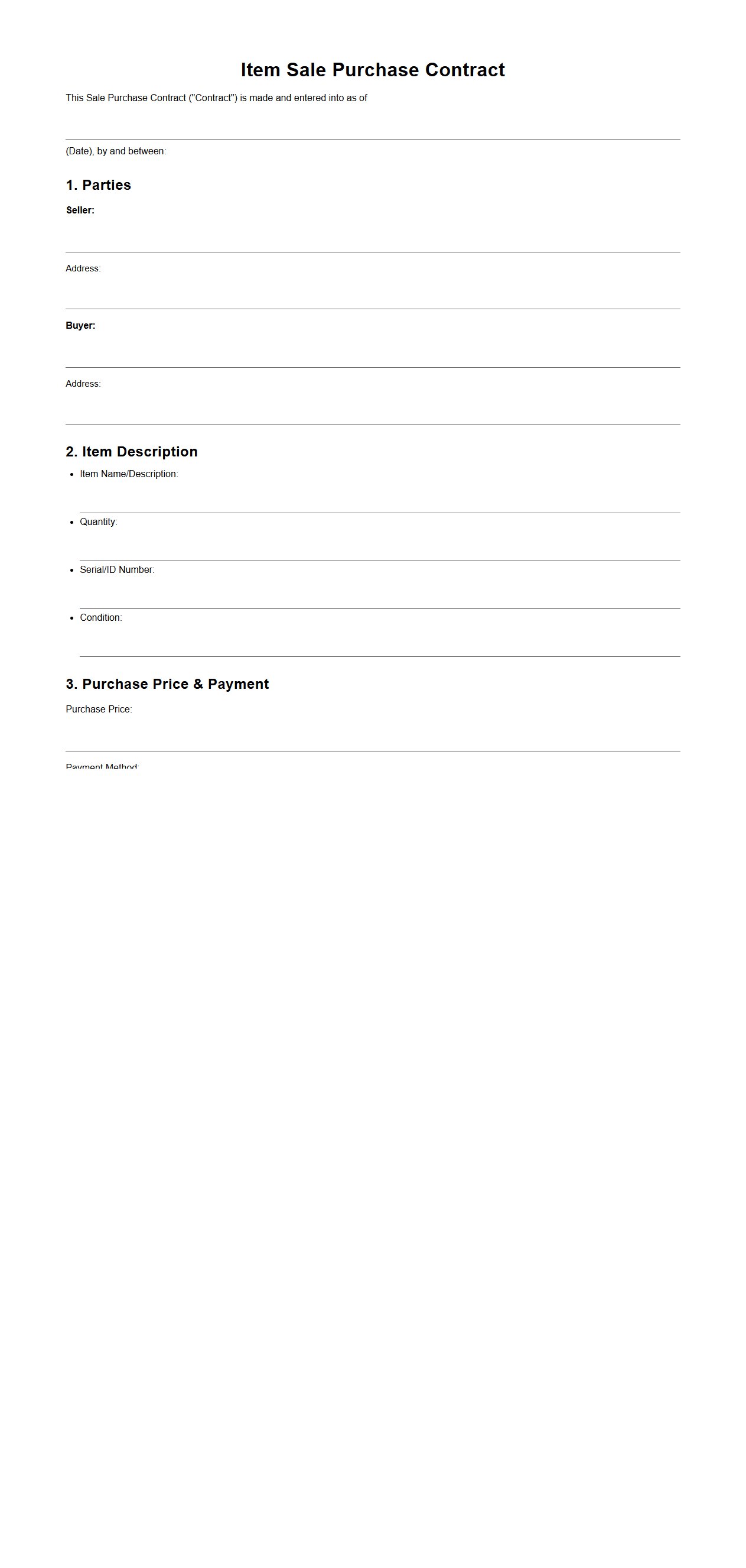 Template for Item Sale Purchase Contract