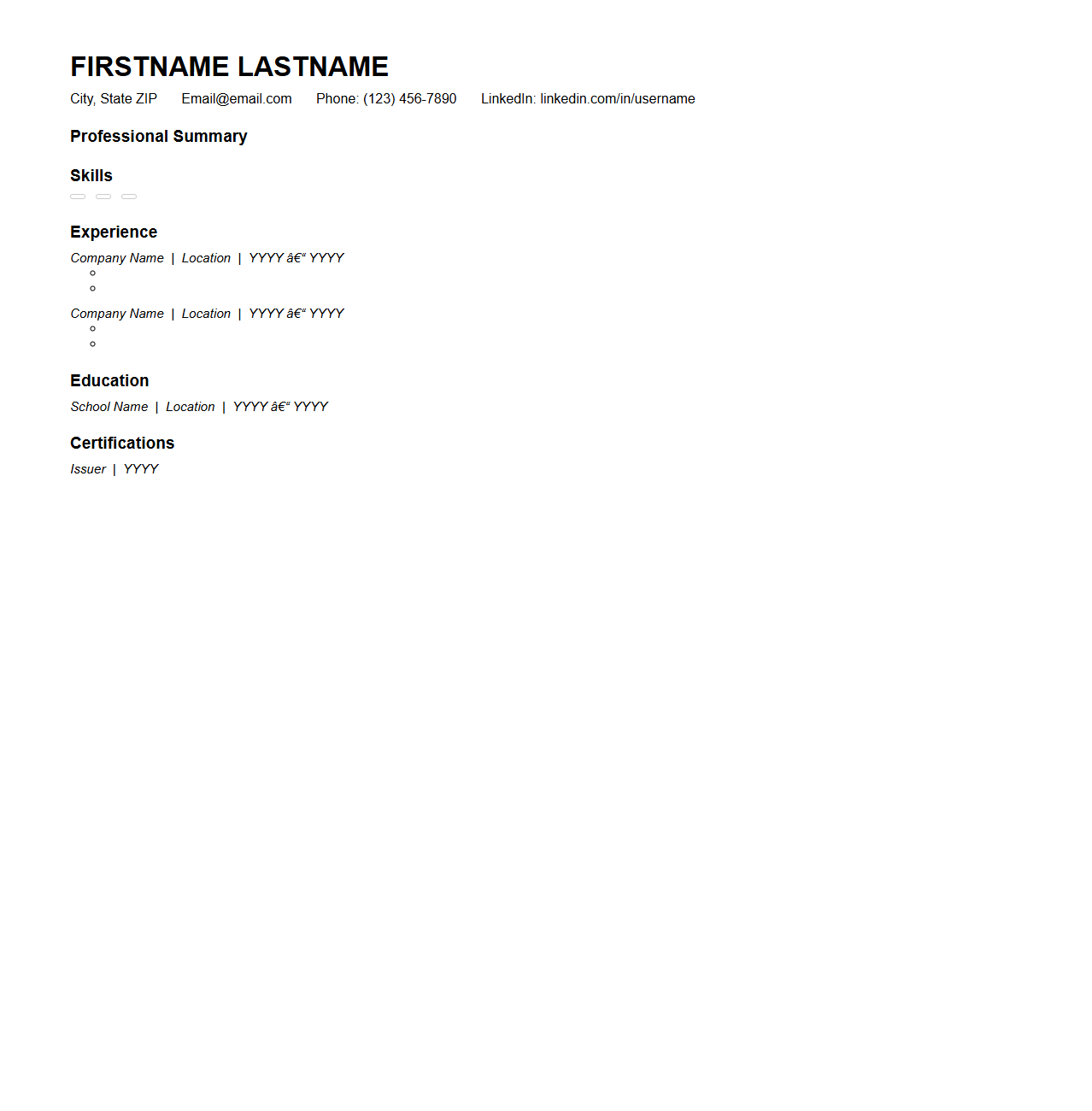 Traditional ATS Resume Skeleton for Recruiters