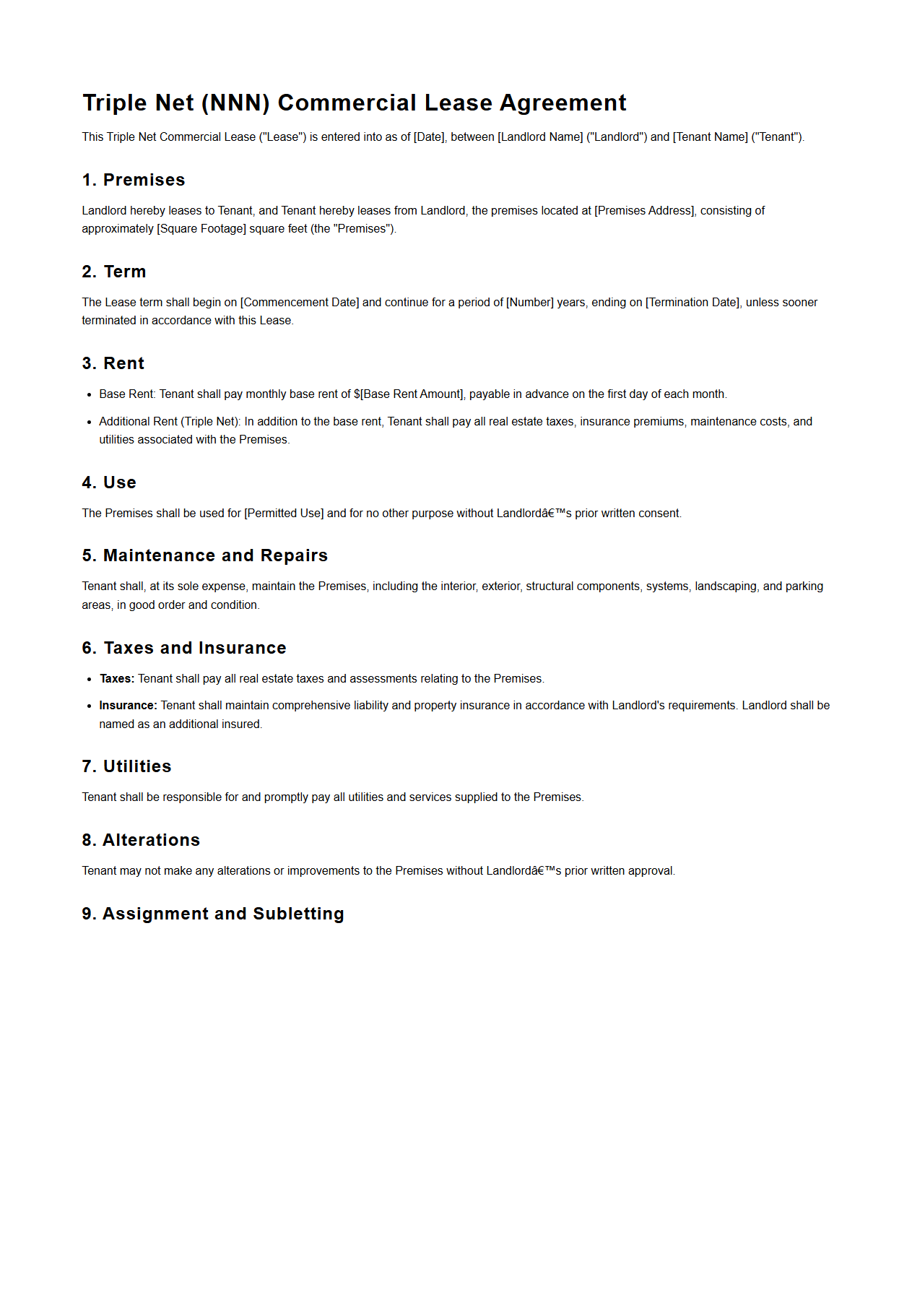 Triple Net Commercial Lease Draft