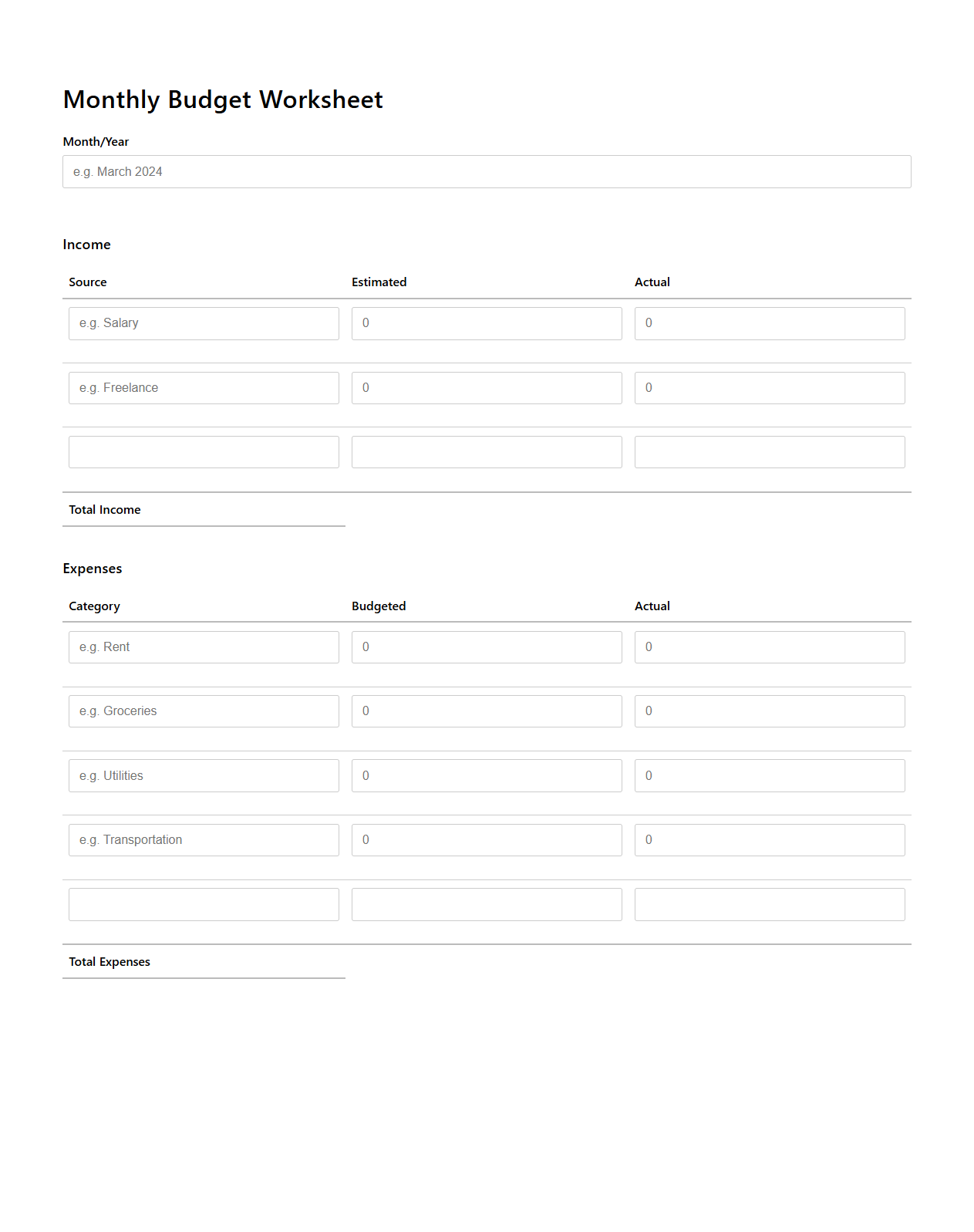 Undated Monthly Budget Worksheet for Individuals