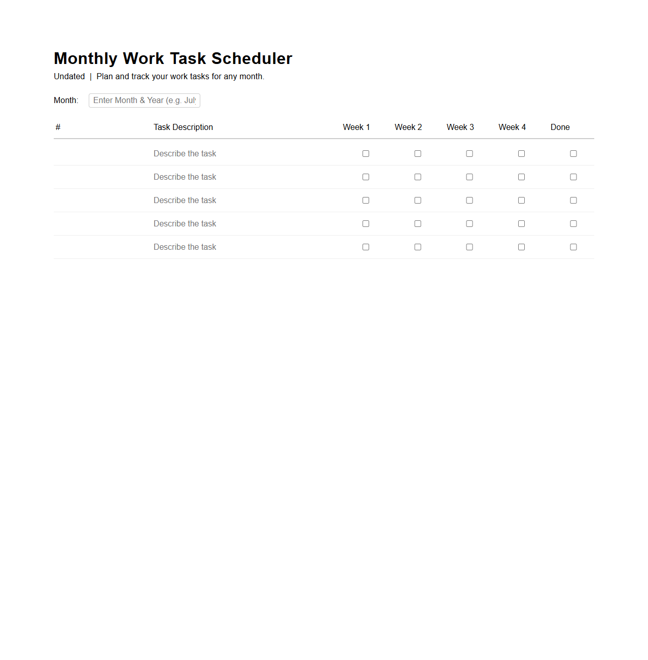 Undated Monthly Work Task Scheduler