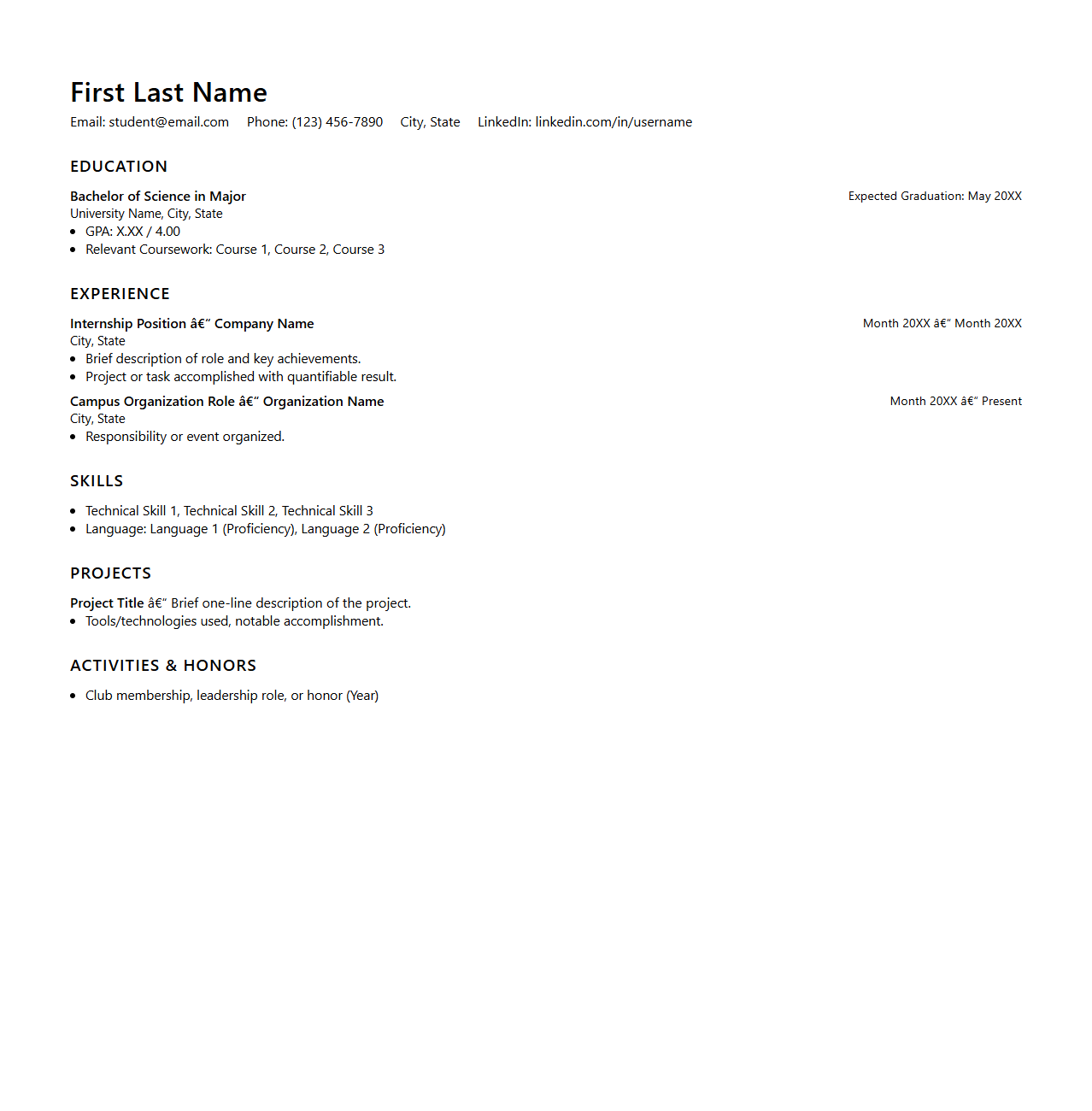 Undergraduate Internship Resume Template for Students