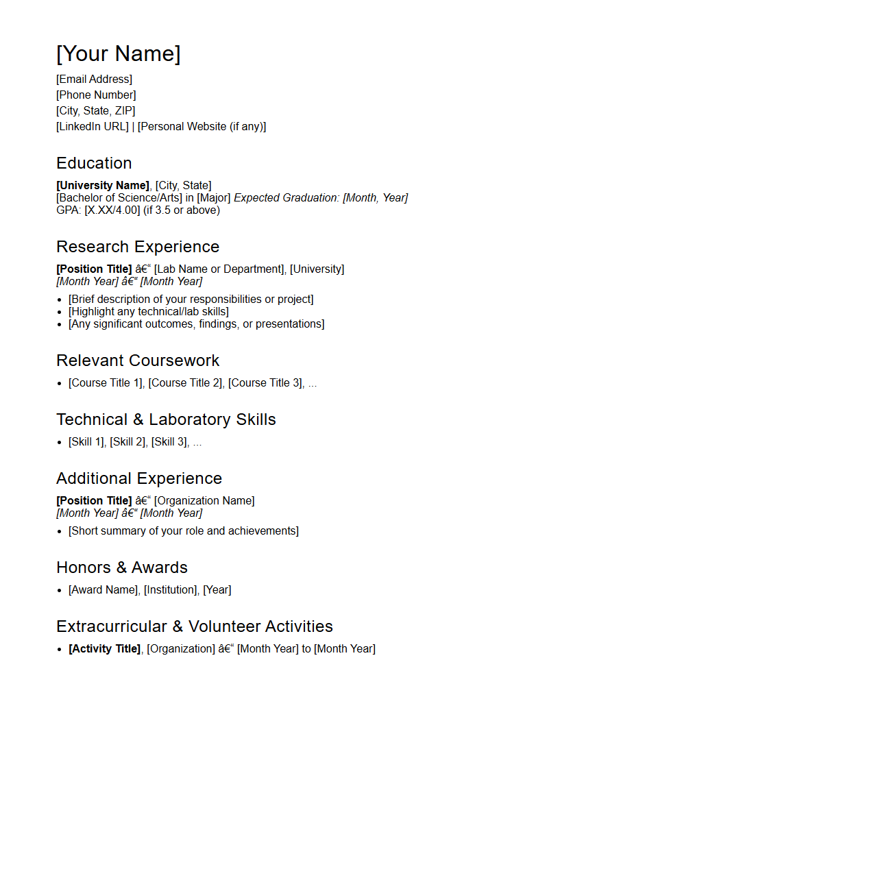 Undergraduate Research Position CV Framework