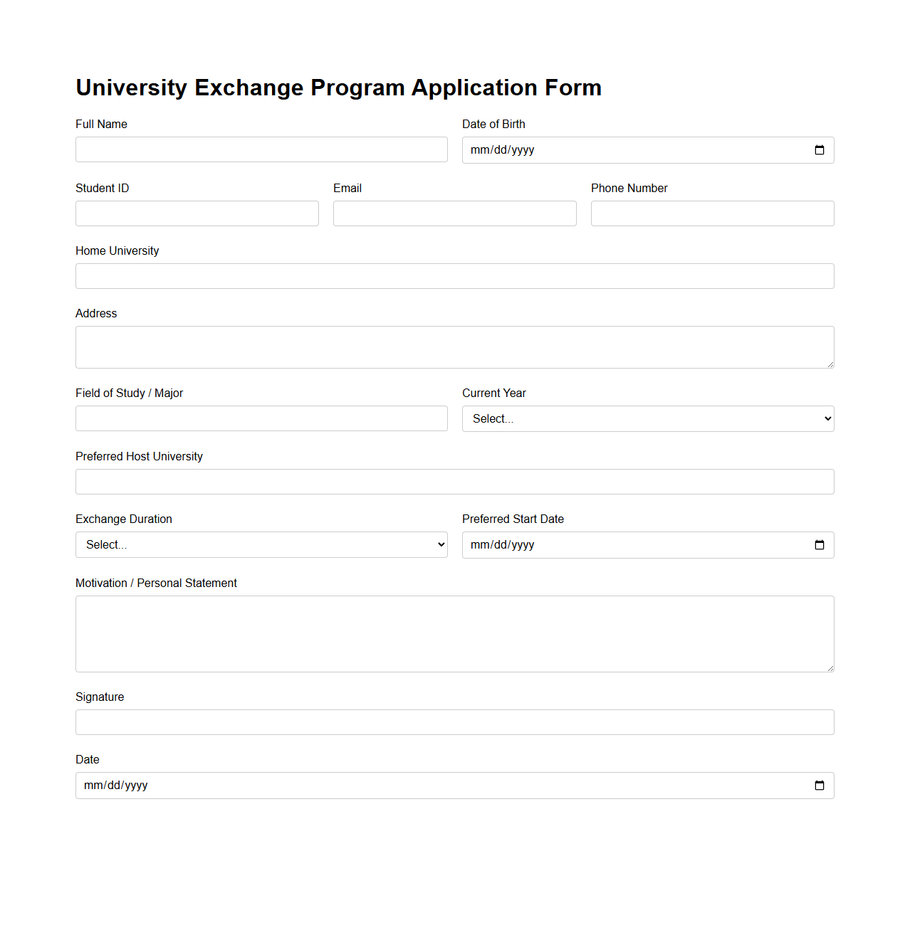University Exchange Program Application Form