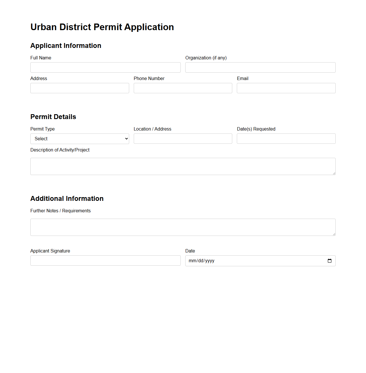 Urban District Permit Application Template