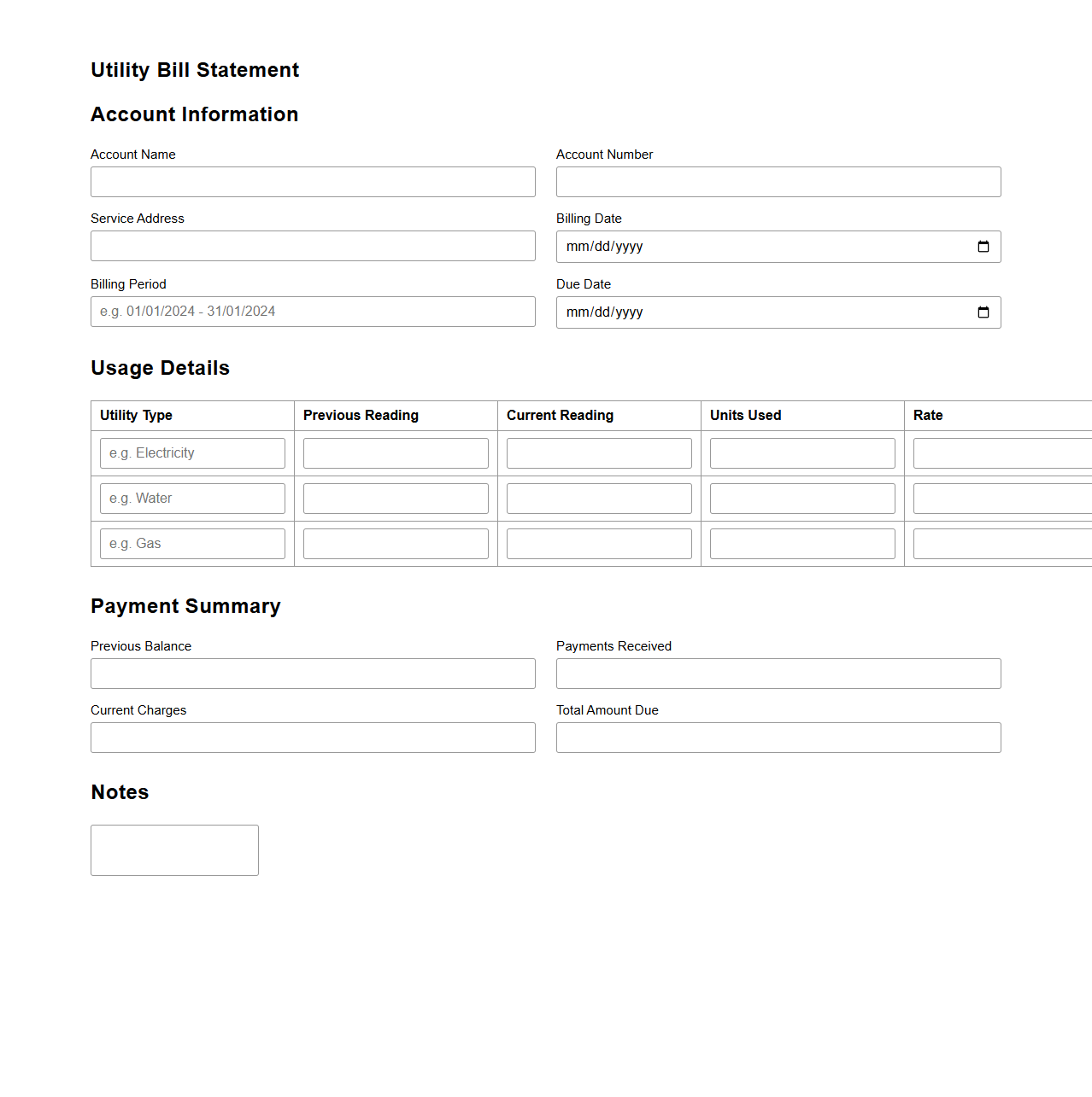 Utility Bill Statement Blank Form