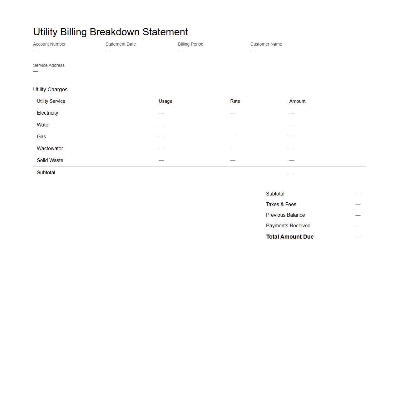 Utility Billing Breakdown Statement