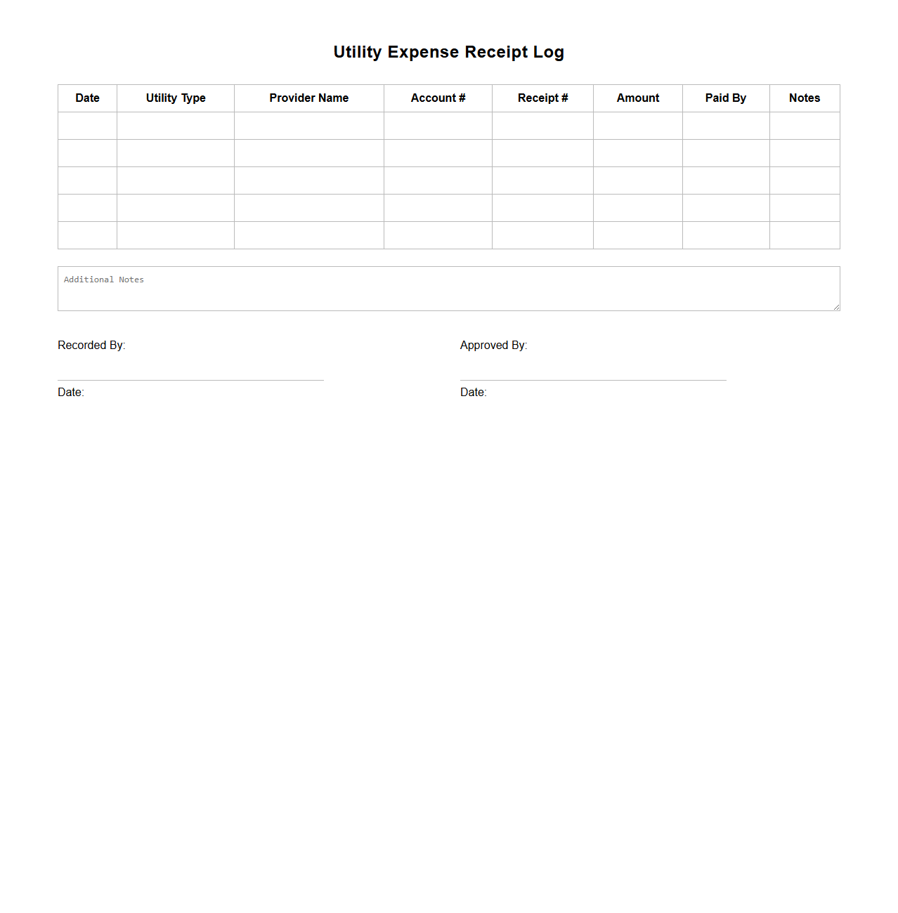 Utility Expense Receipt Log Template