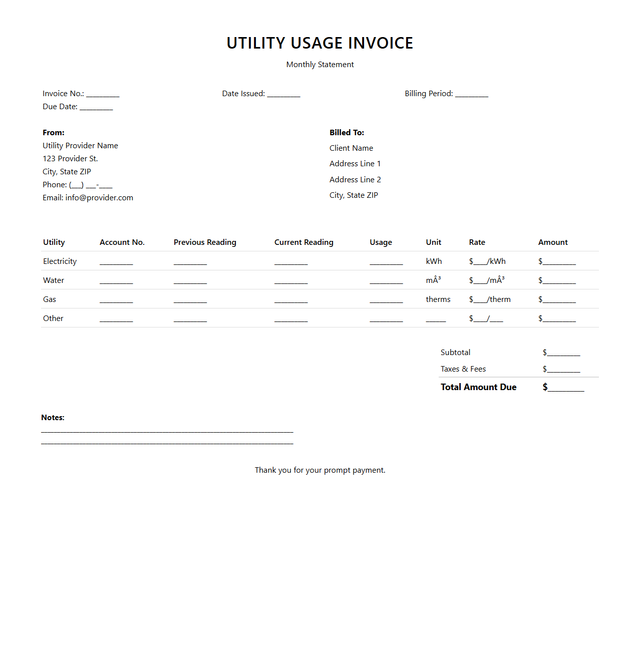 Utility Usage Invoice Template for Monthly Statements
