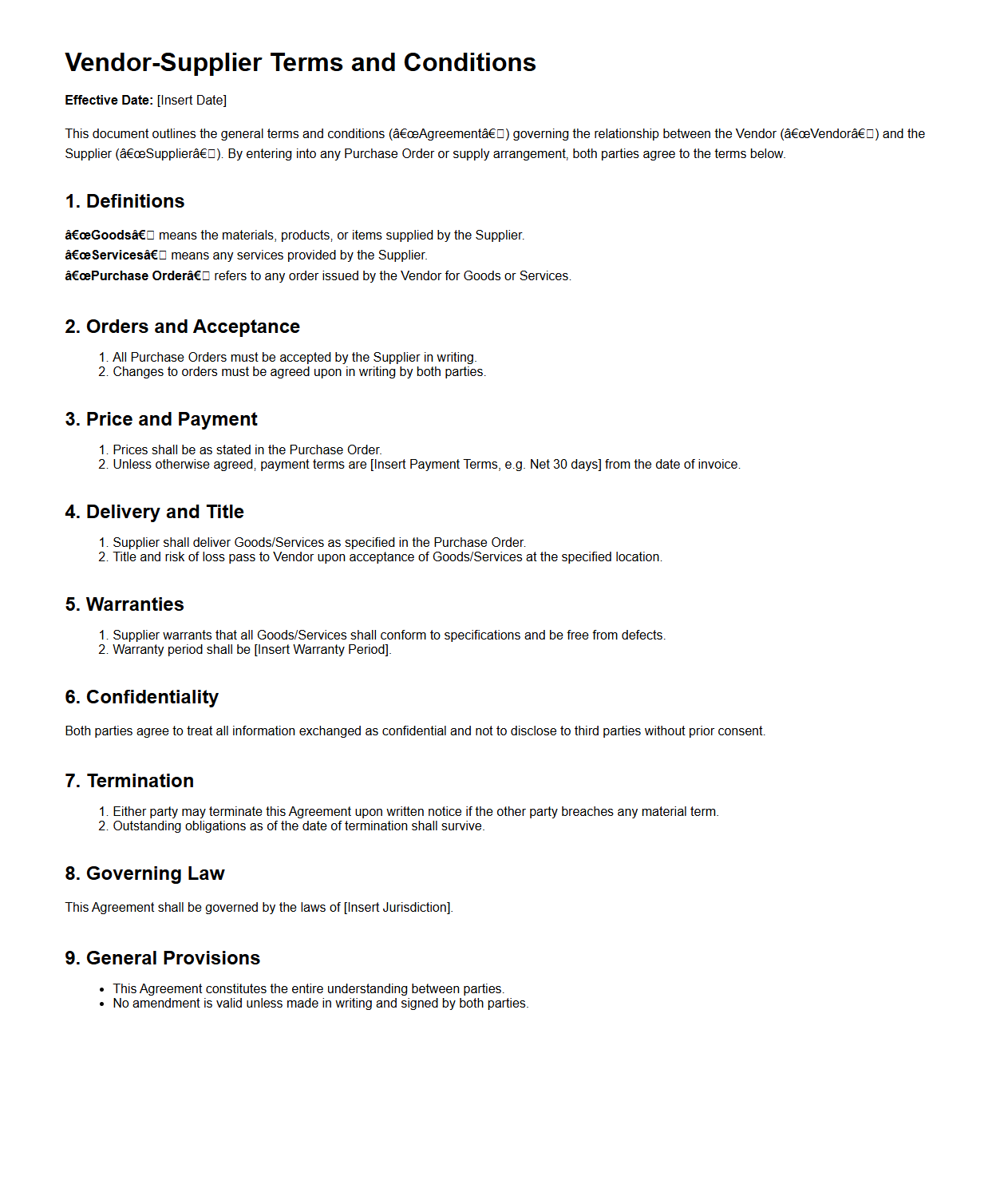 Vendor-Supplier Terms and Conditions Template