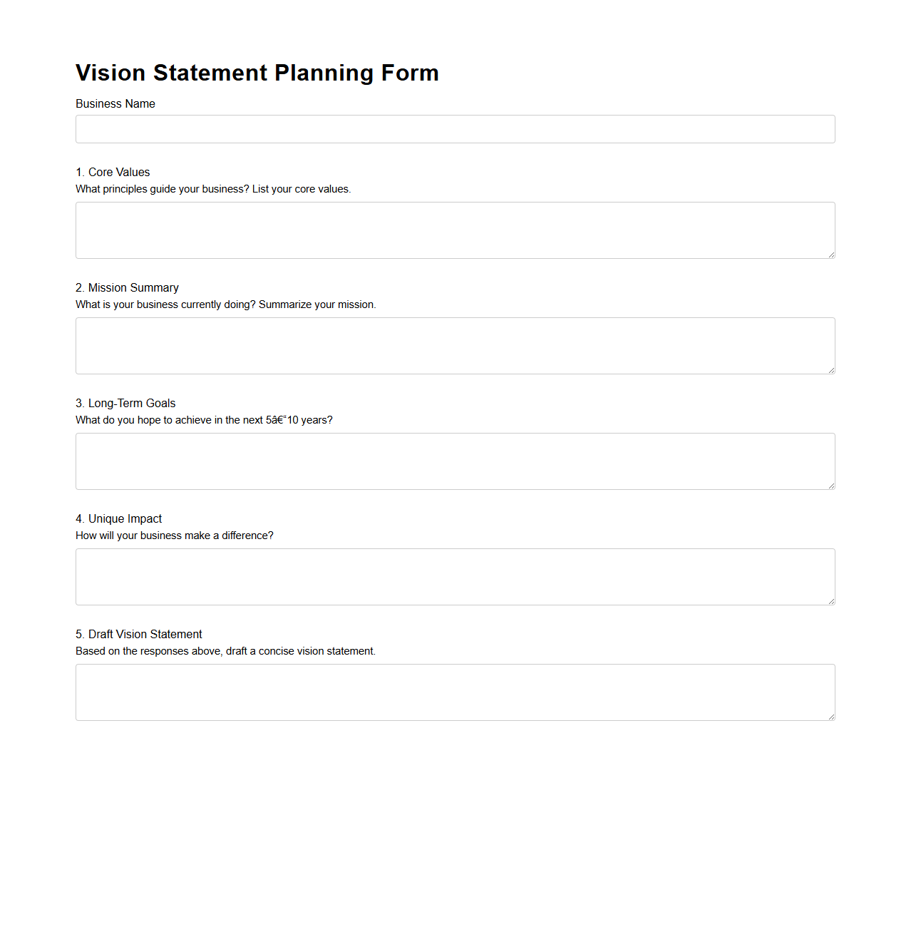 Vision Statement Planning Form for Small Businesses